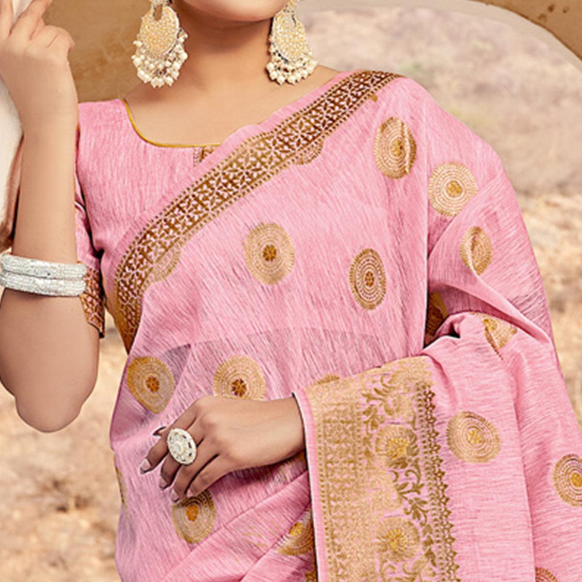 Pink Festive Wear Weaving Work Linen Saree With Tassels - Peachmode