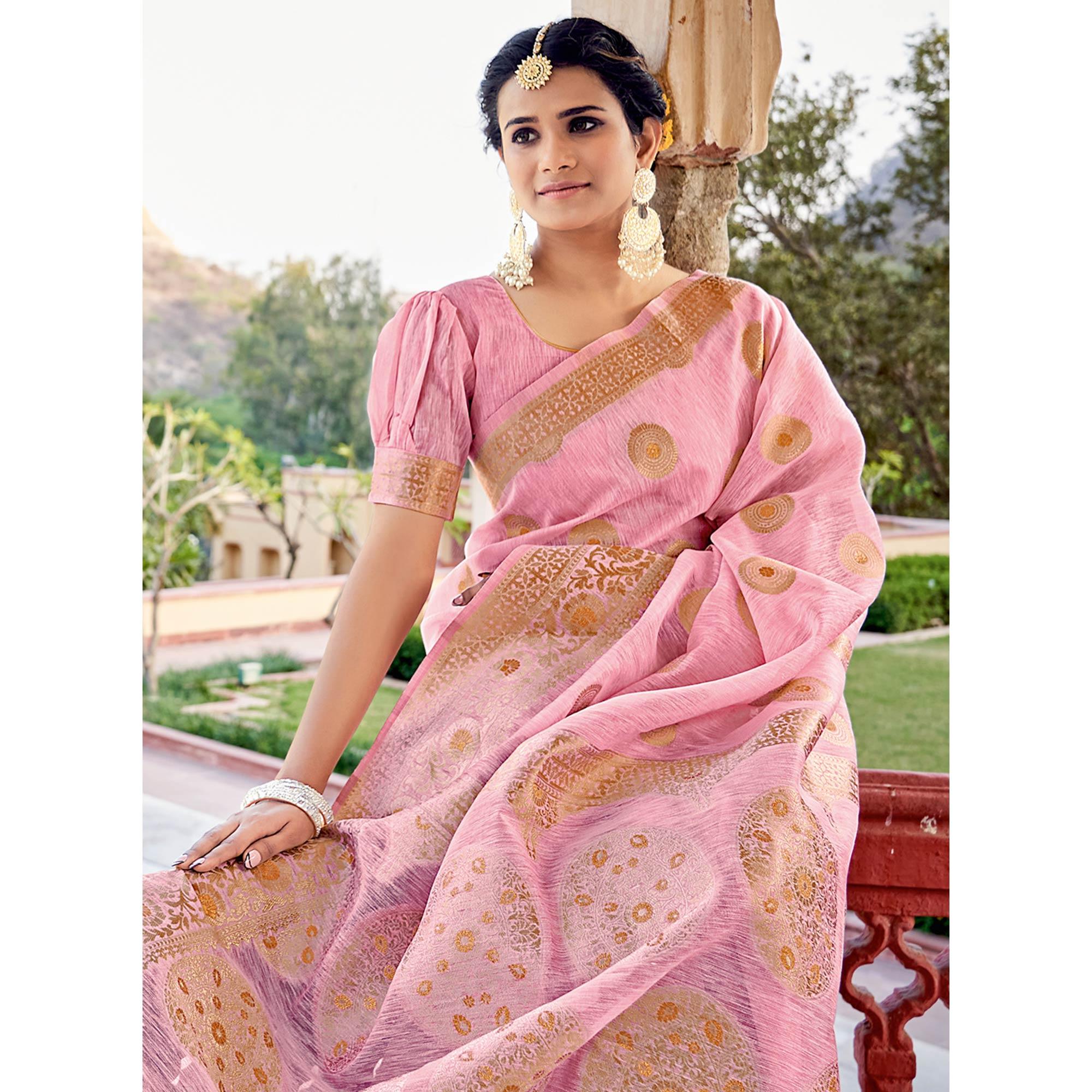 Pink Festive Wear Weaving Work Linen Saree With Tassels - Peachmode
