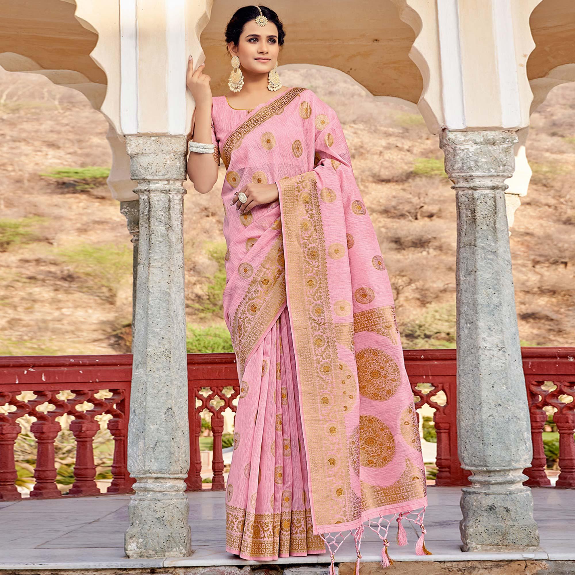 Pink Festive Wear Weaving Work Linen Saree With Tassels - Peachmode