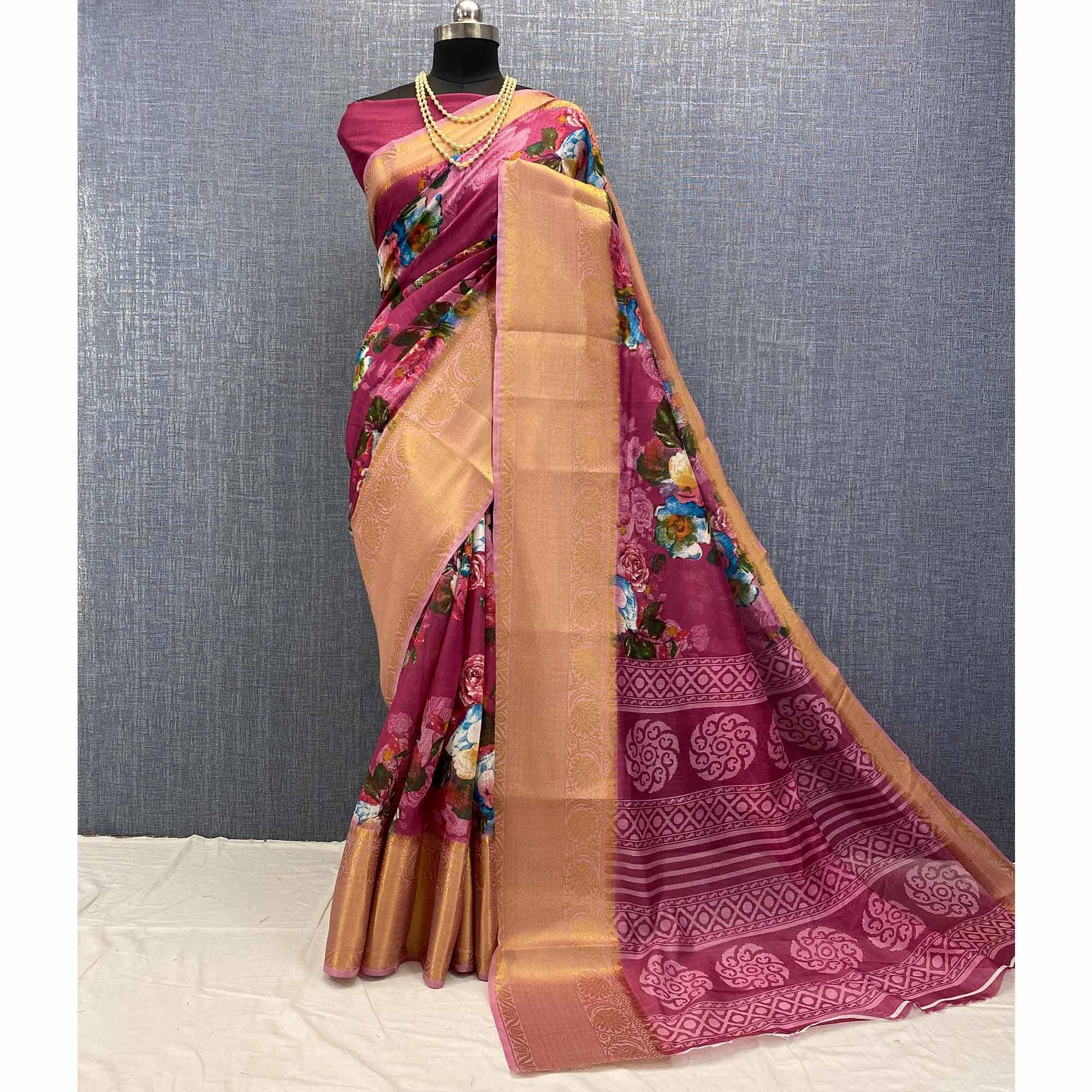 Pink Festive Wear Woven & Printed Chanderi Silk Saree - Peachmode