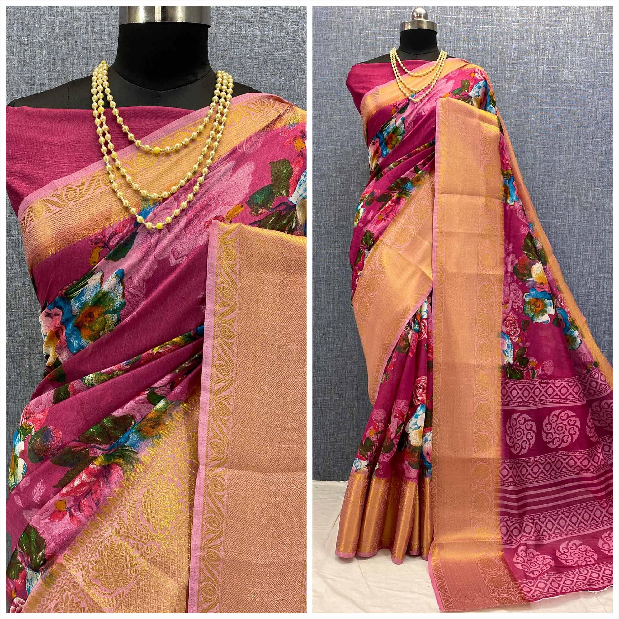 Pink Festive Wear Woven & Printed Chanderi Silk Saree - Peachmode