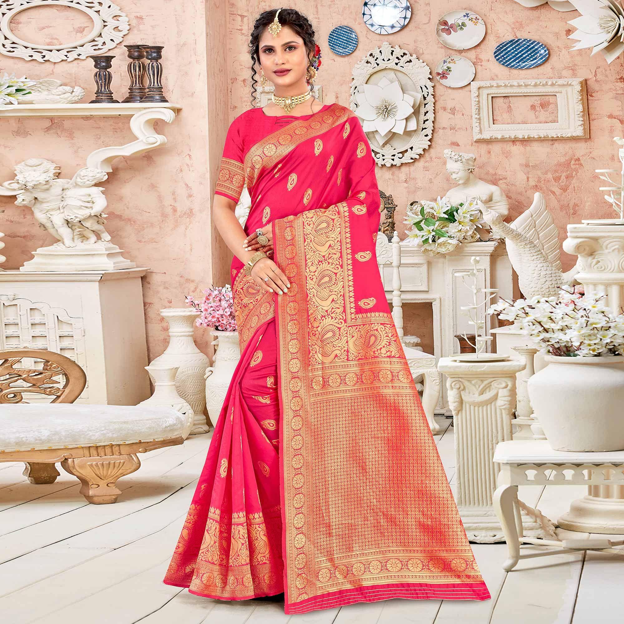 Pink Festive Wear Woven Art Silk Sare - Peachmode