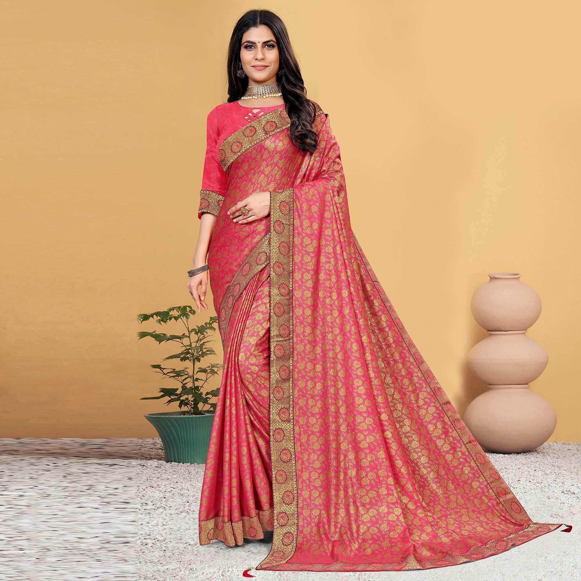 Pink Festive Wear Woven Art Silk Saree - Peachmode