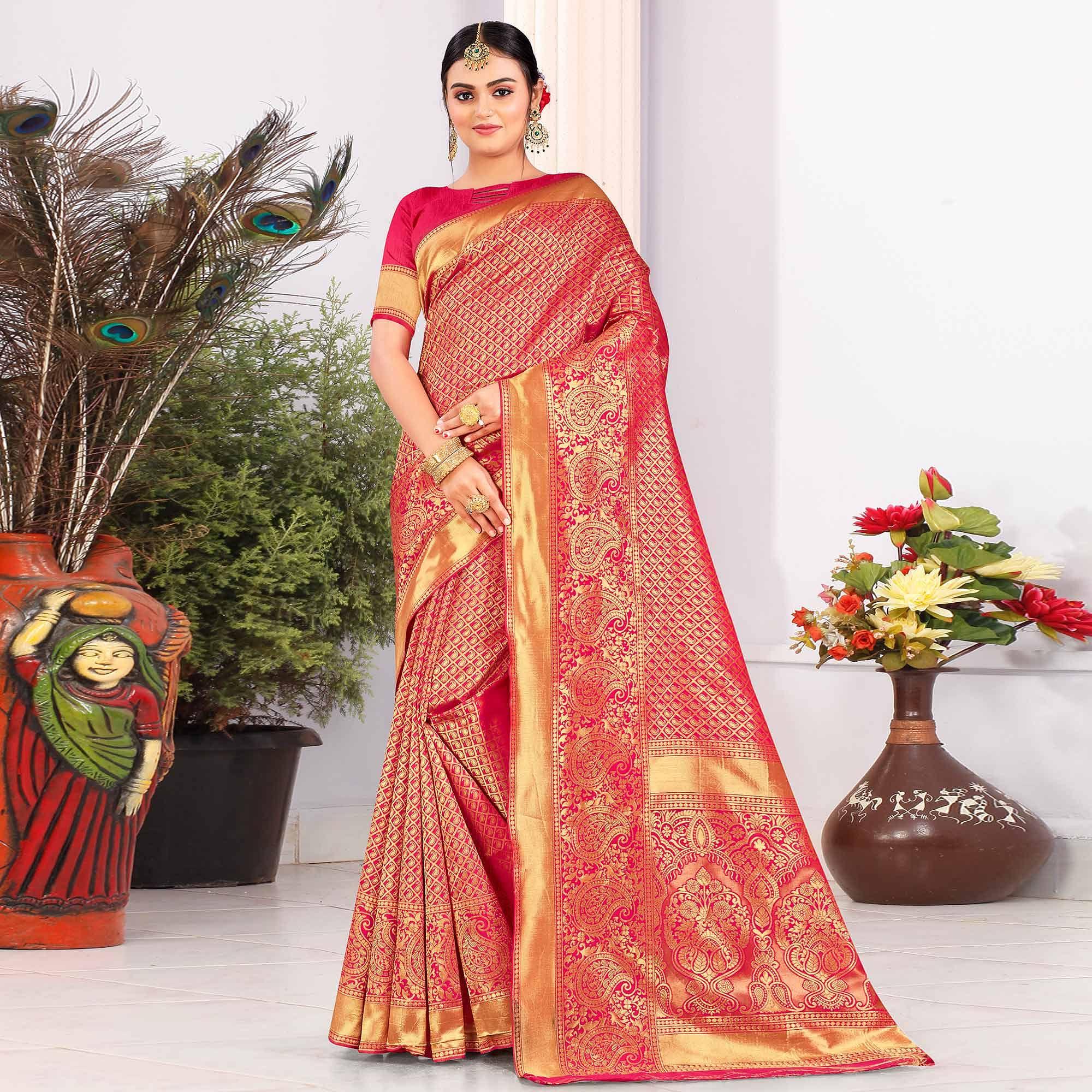 Pink Festive Wear Woven Art Silk Saree - Peachmode