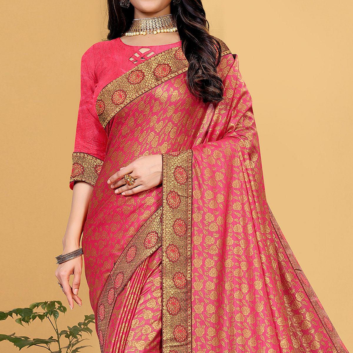 Pink Festive Wear Woven Art Silk Saree - Peachmode