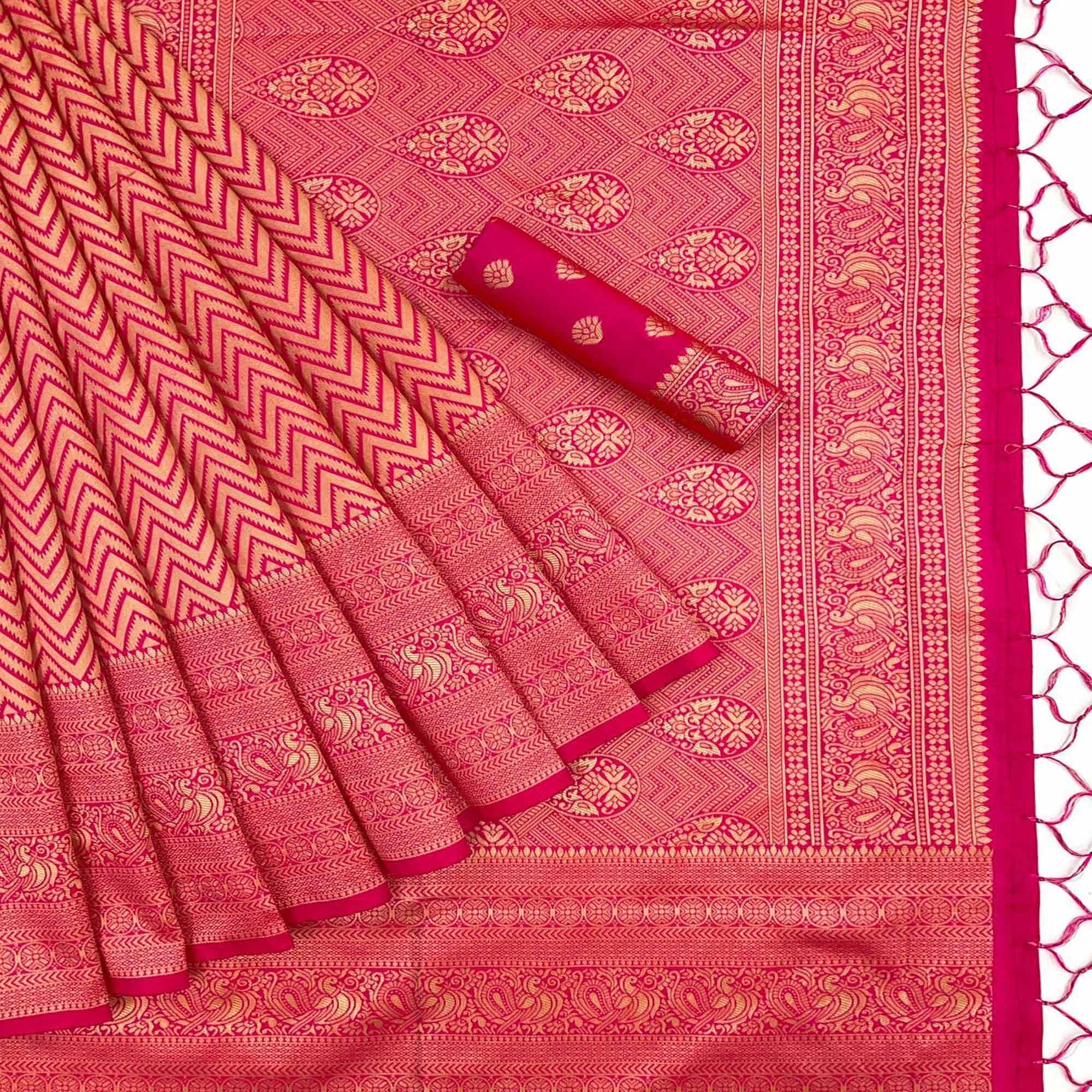 Pink Festive Wear Woven Art Silk Saree With Tassels - Peachmode