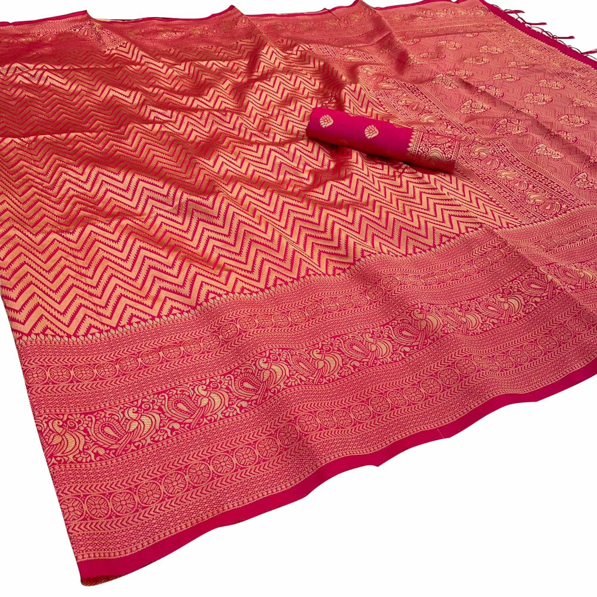 Pink Festive Wear Woven Art Silk Saree With Tassels - Peachmode