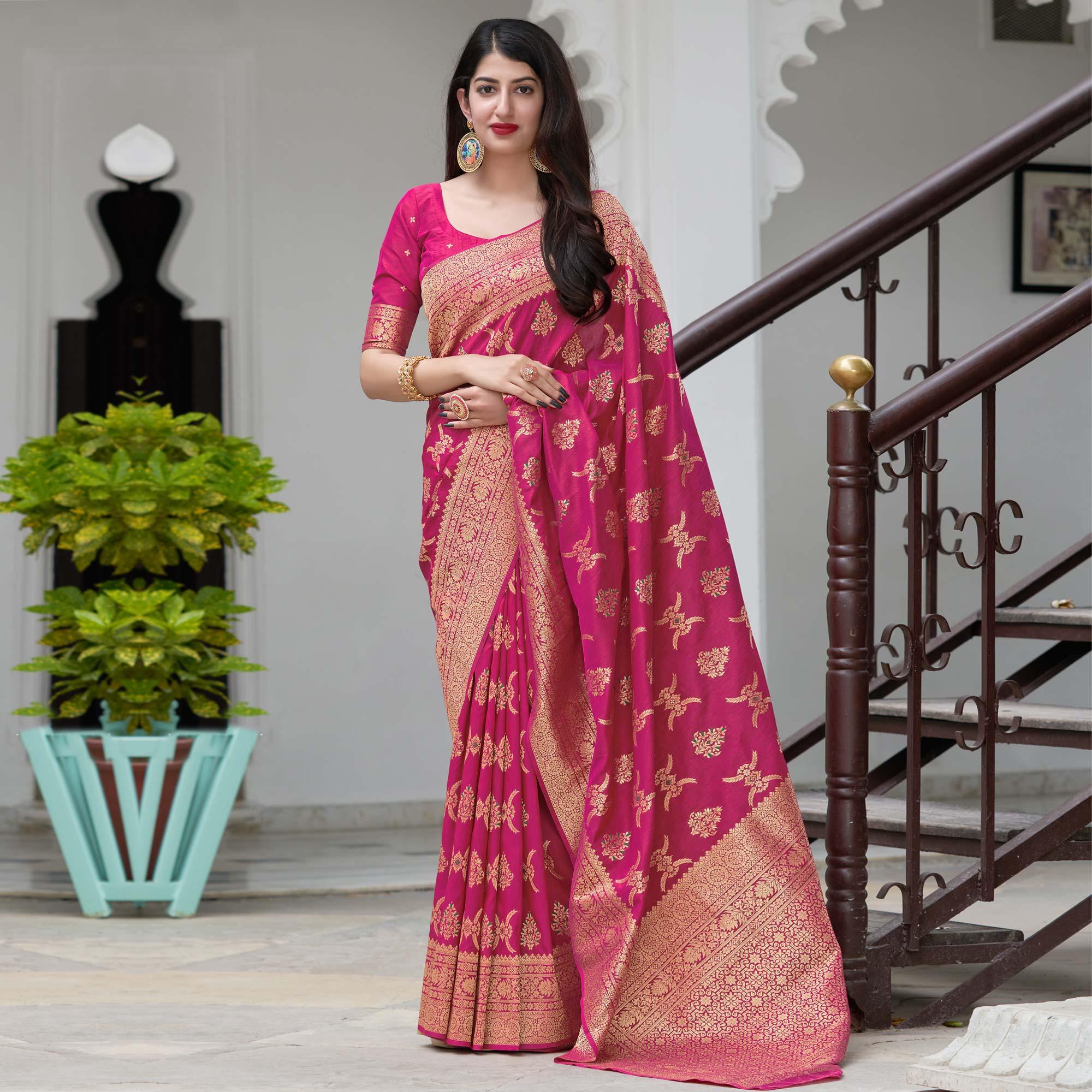Pink Festive Wear Woven Banarasi Art Silk Saree - Peachmode