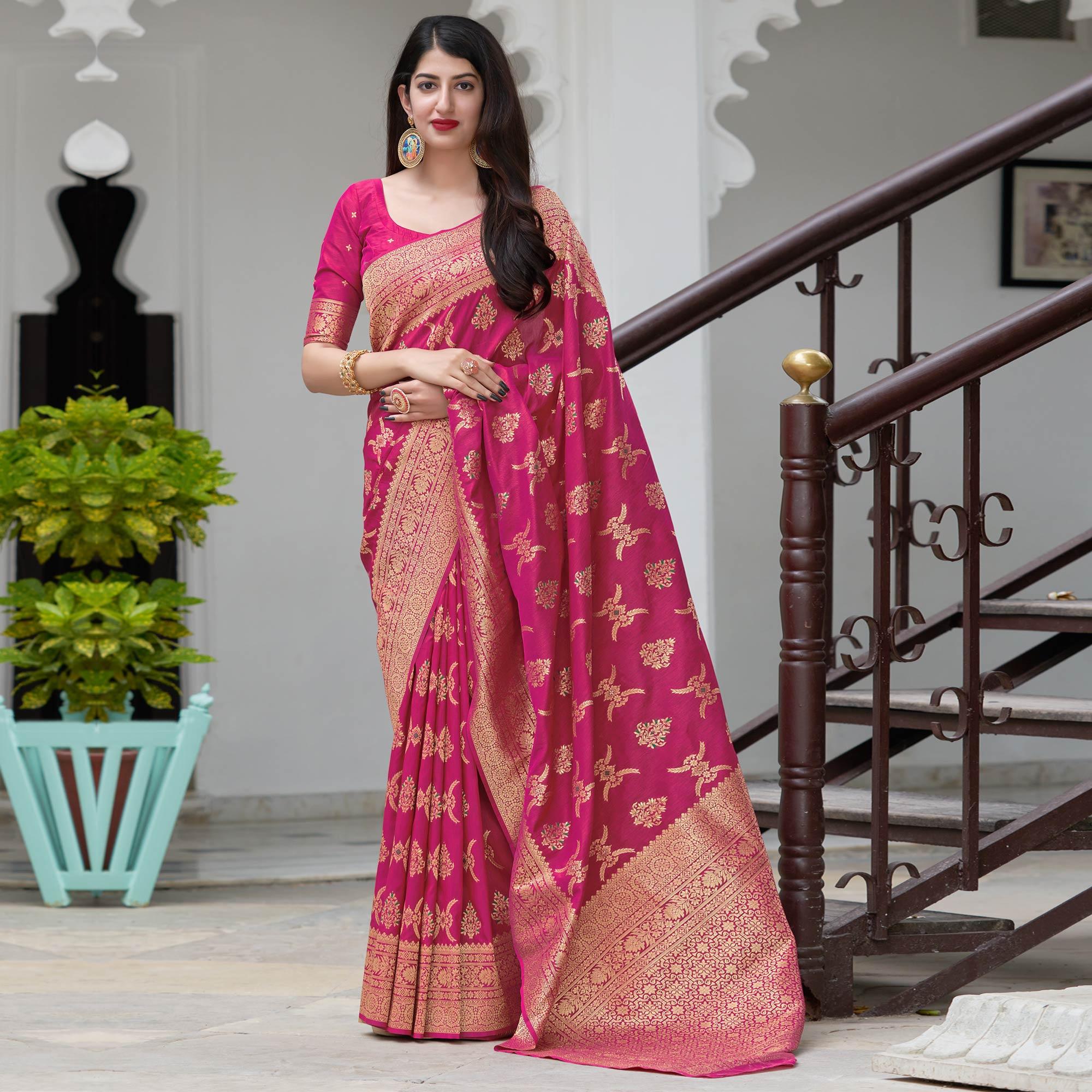 Pink Festive Wear Woven Banarasi Art Silk Saree - Peachmode
