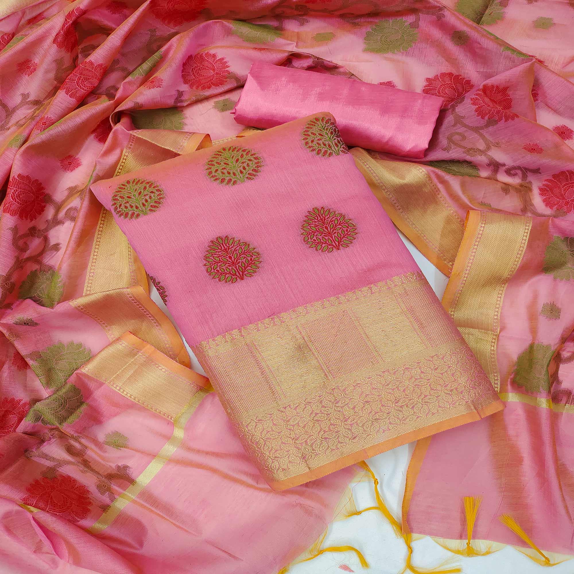 Pink Festive Wear Woven Banarasi Jacquard Dress Material - Peachmode