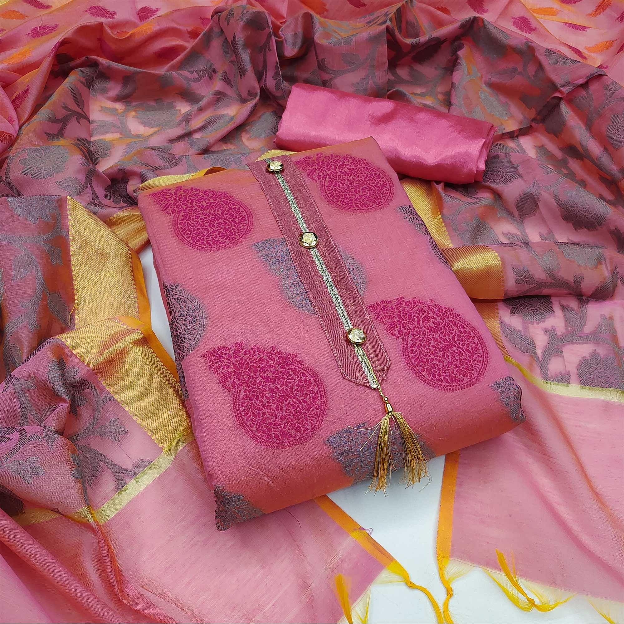 Pink Festive Wear Woven Banarasi Jacquard Dress Material - Peachmode