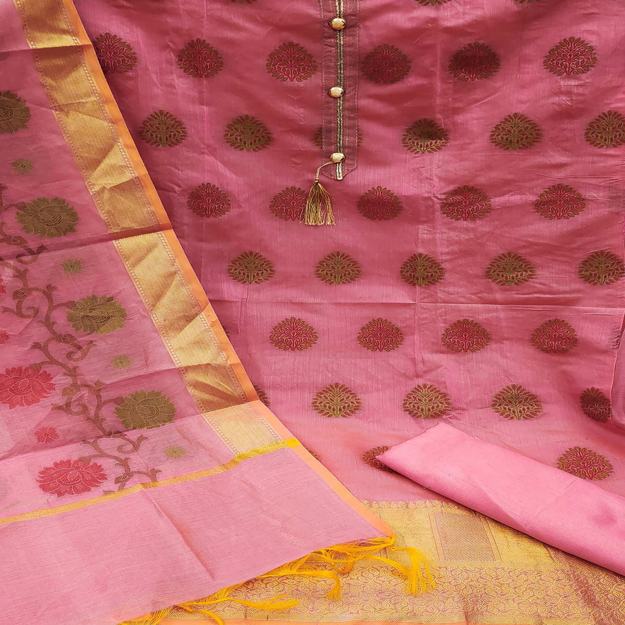 Pink Festive Wear Woven Banarasi Jacquard Dress Material - Peachmode
