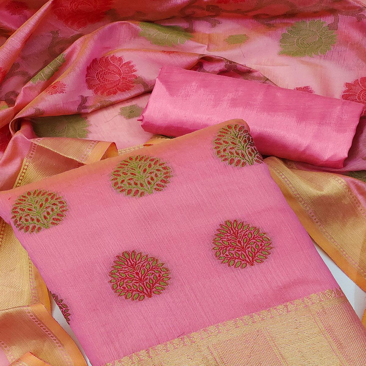 Pink Festive Wear Woven Banarasi Jacquard Dress Material - Peachmode