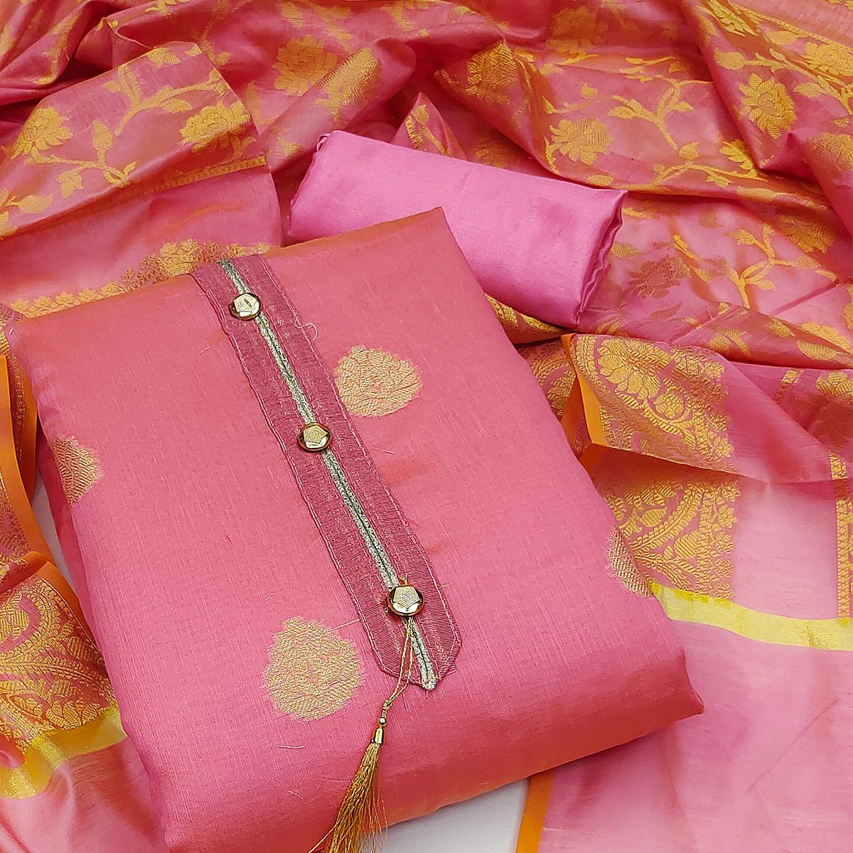 Pink Festive Wear Woven Banarasi Jacquard Dress Material - Peachmode