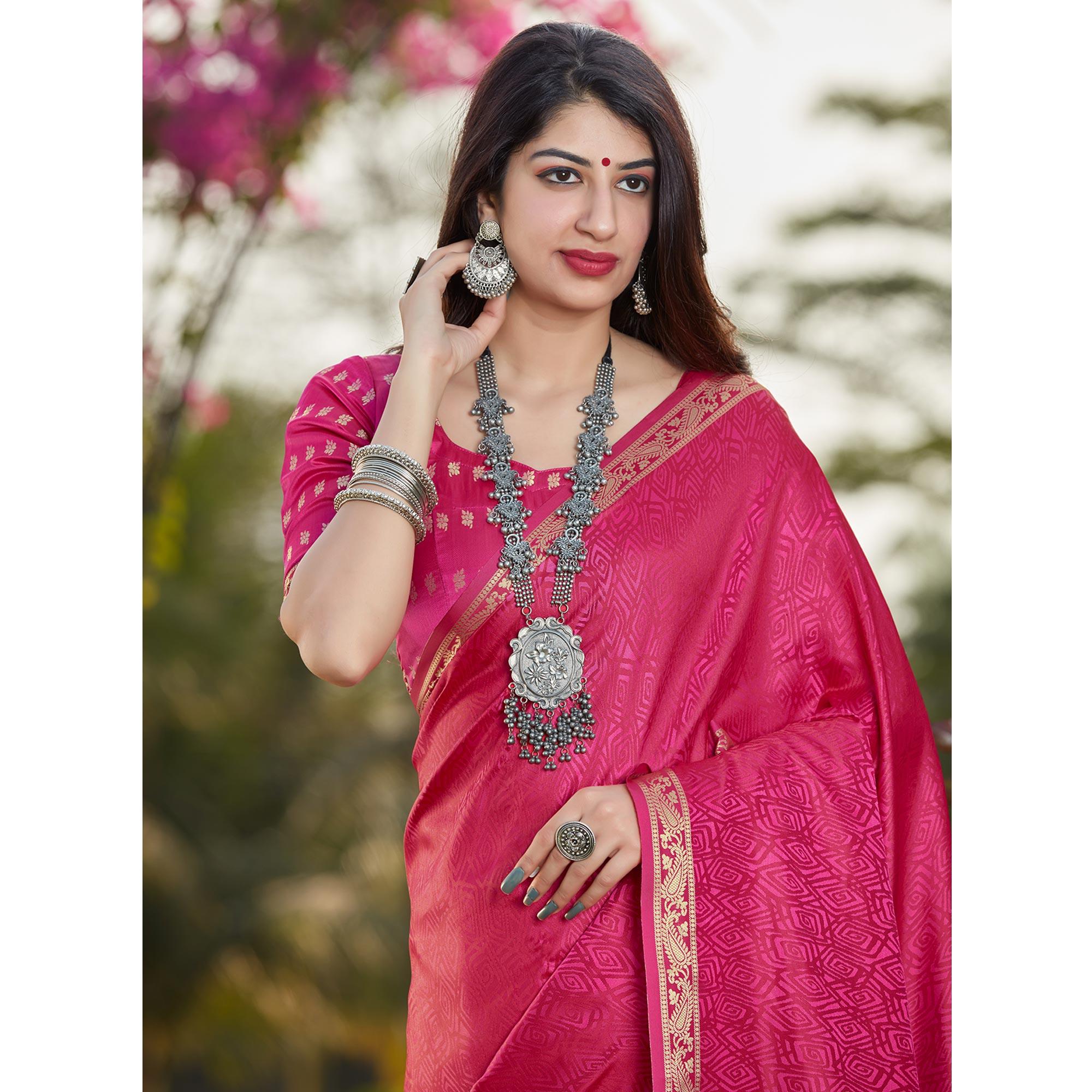 Pink Festive Wear Woven Banarasi Satin Saree - Peachmode