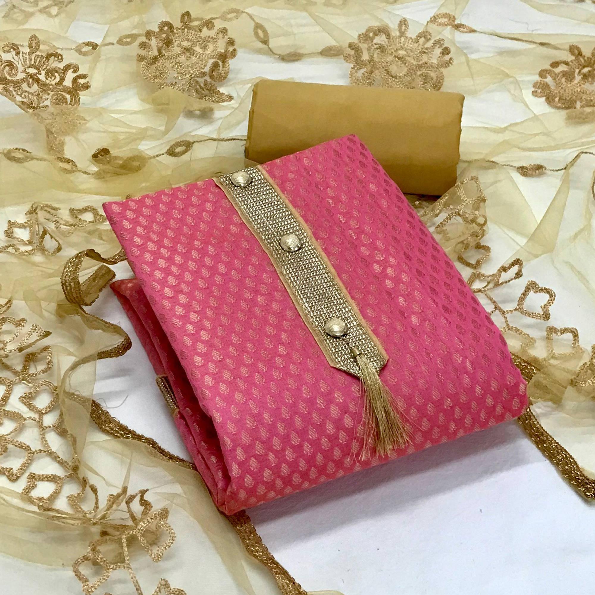 Pink Festive Wear Woven Banarasi Silk Dress Material - Peachmode