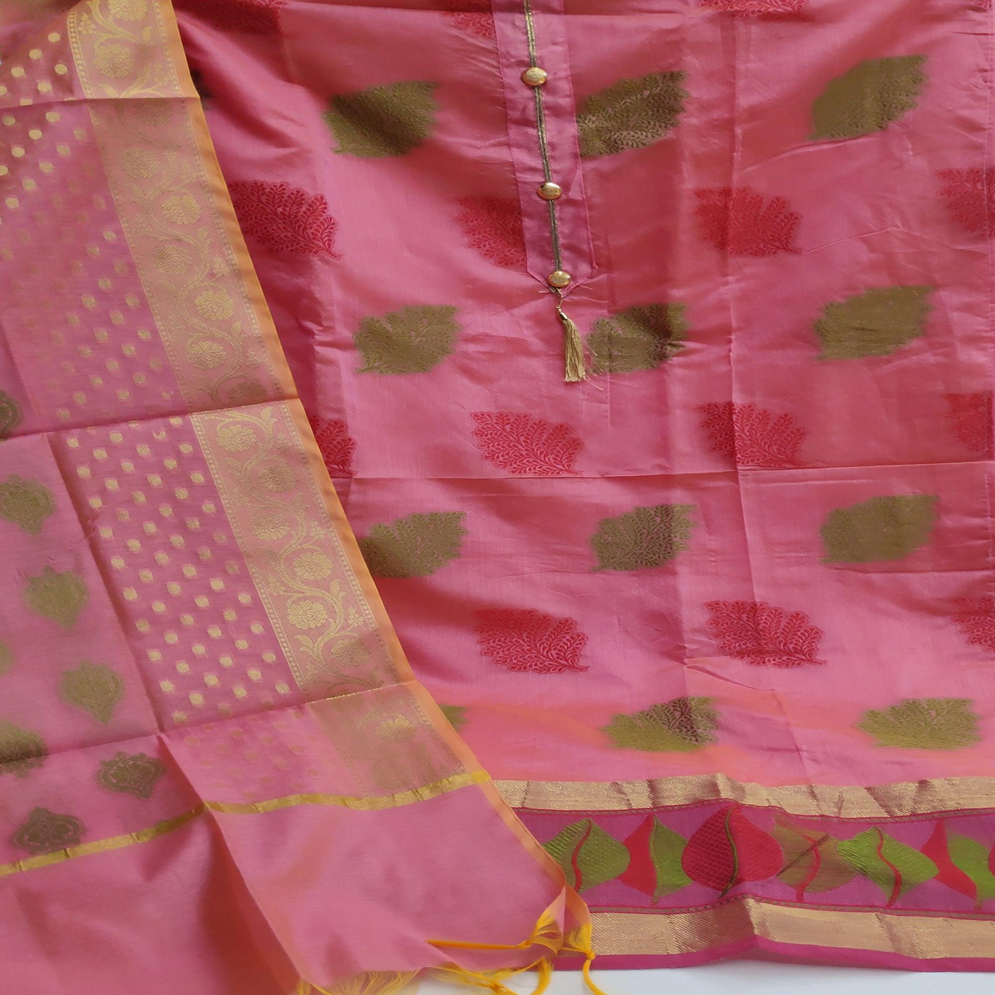Pink Festive Wear Woven Banarasi Silk Dress Material - Peachmode