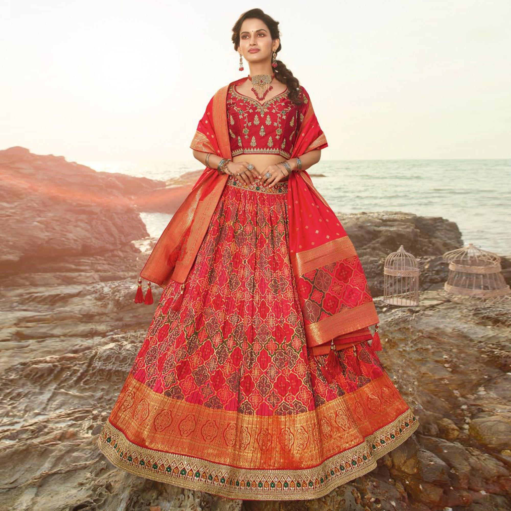 Pink Festive Wear Woven Banarasi Silk Lehenga - Peachmode