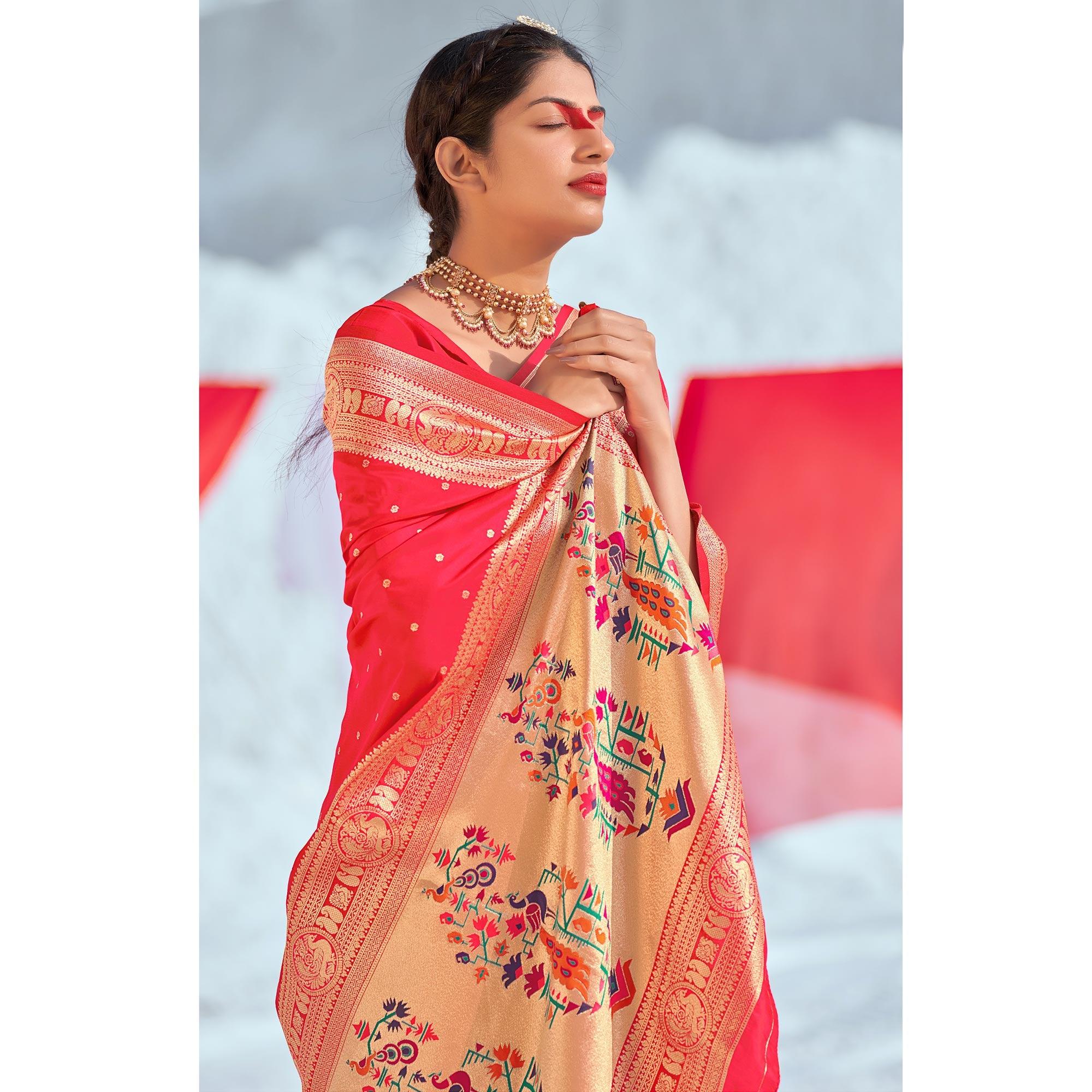 Pink Festive Wear Woven Banarasi Silk Paithani Saree - Peachmode