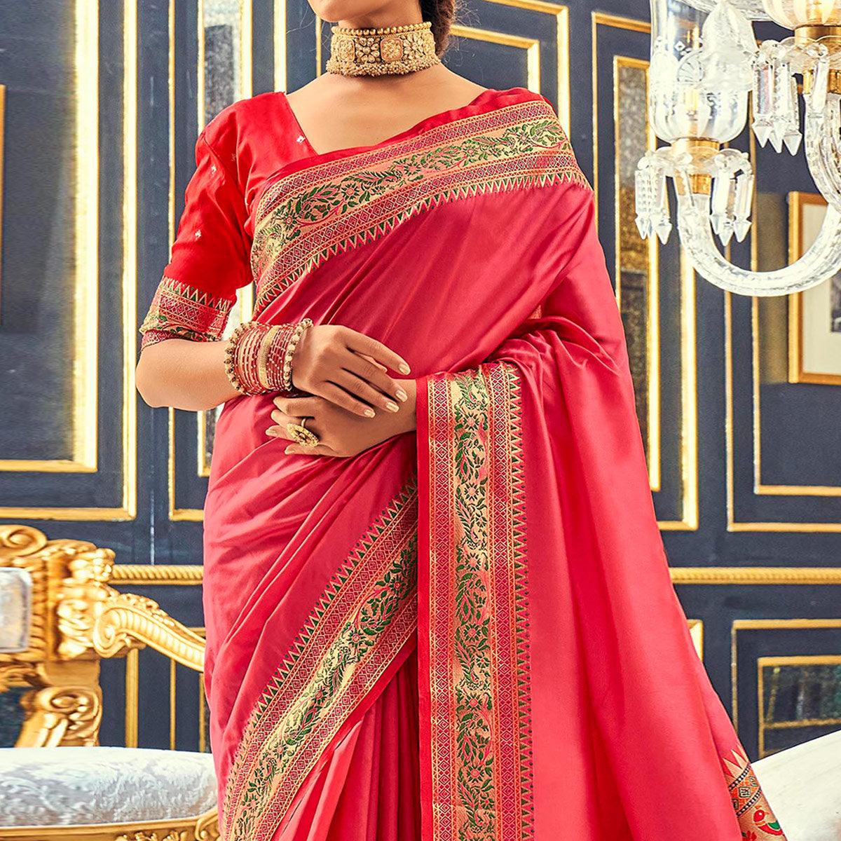 Pink Festive Wear Woven Banarasi Silk Paithani Saree - Peachmode