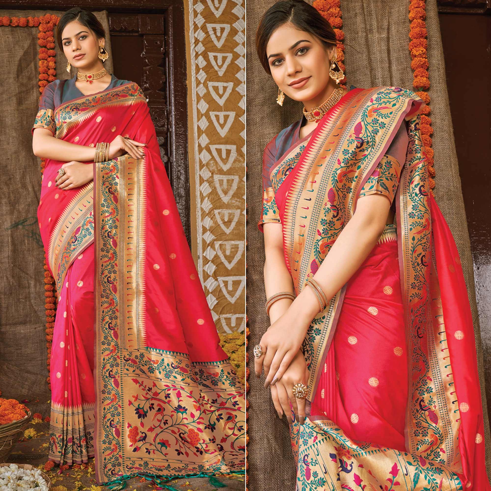 Pink Festive Wear Woven Banarasi Silk Paithani Saree With Tassels - Peachmode