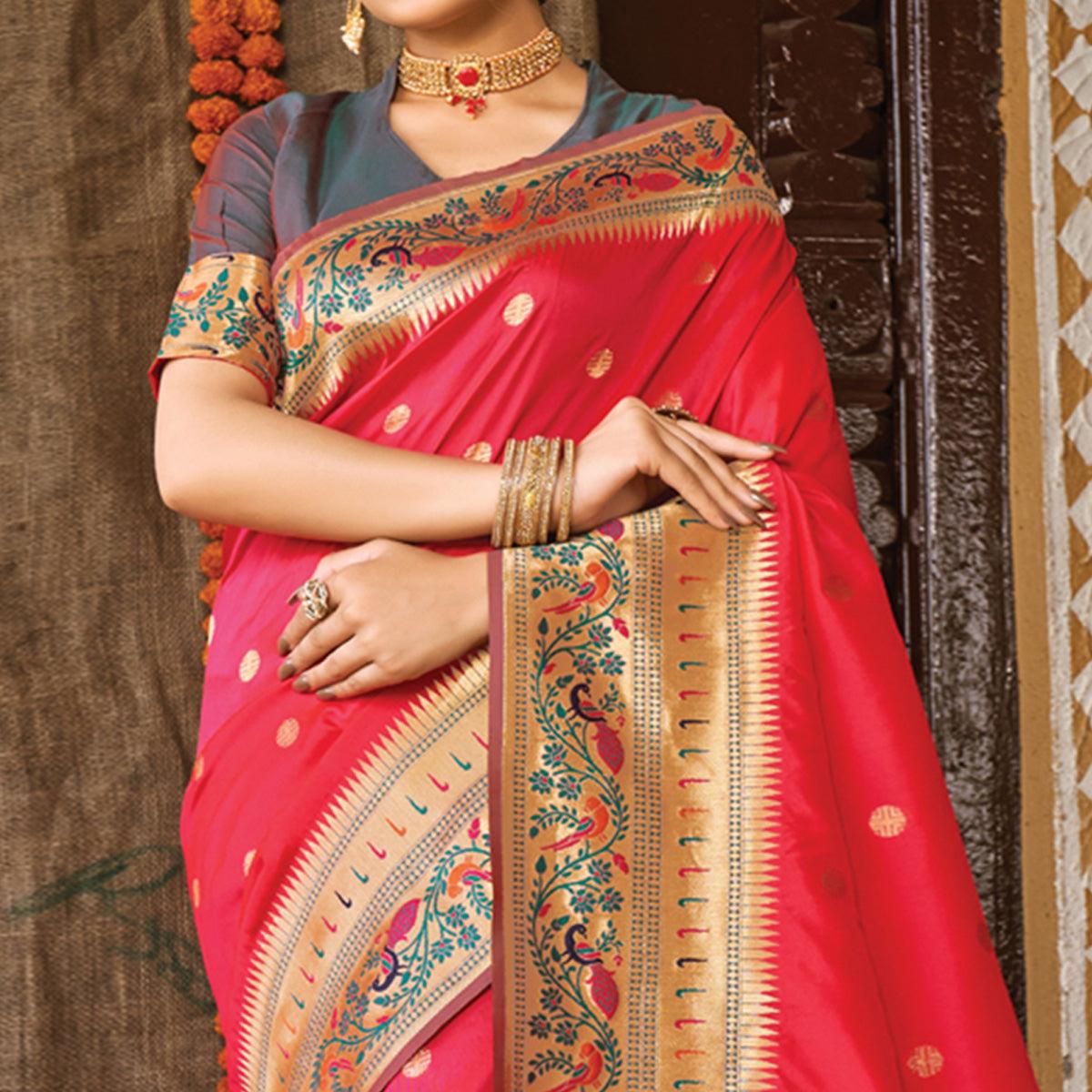 Pink Festive Wear Woven Banarasi Silk Paithani Saree With Tassels - Peachmode