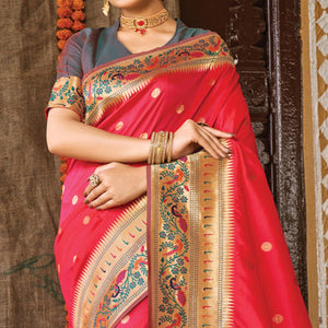 Pink Festive Wear Woven Banarasi Silk Paithani Saree With Tassels - Peachmode