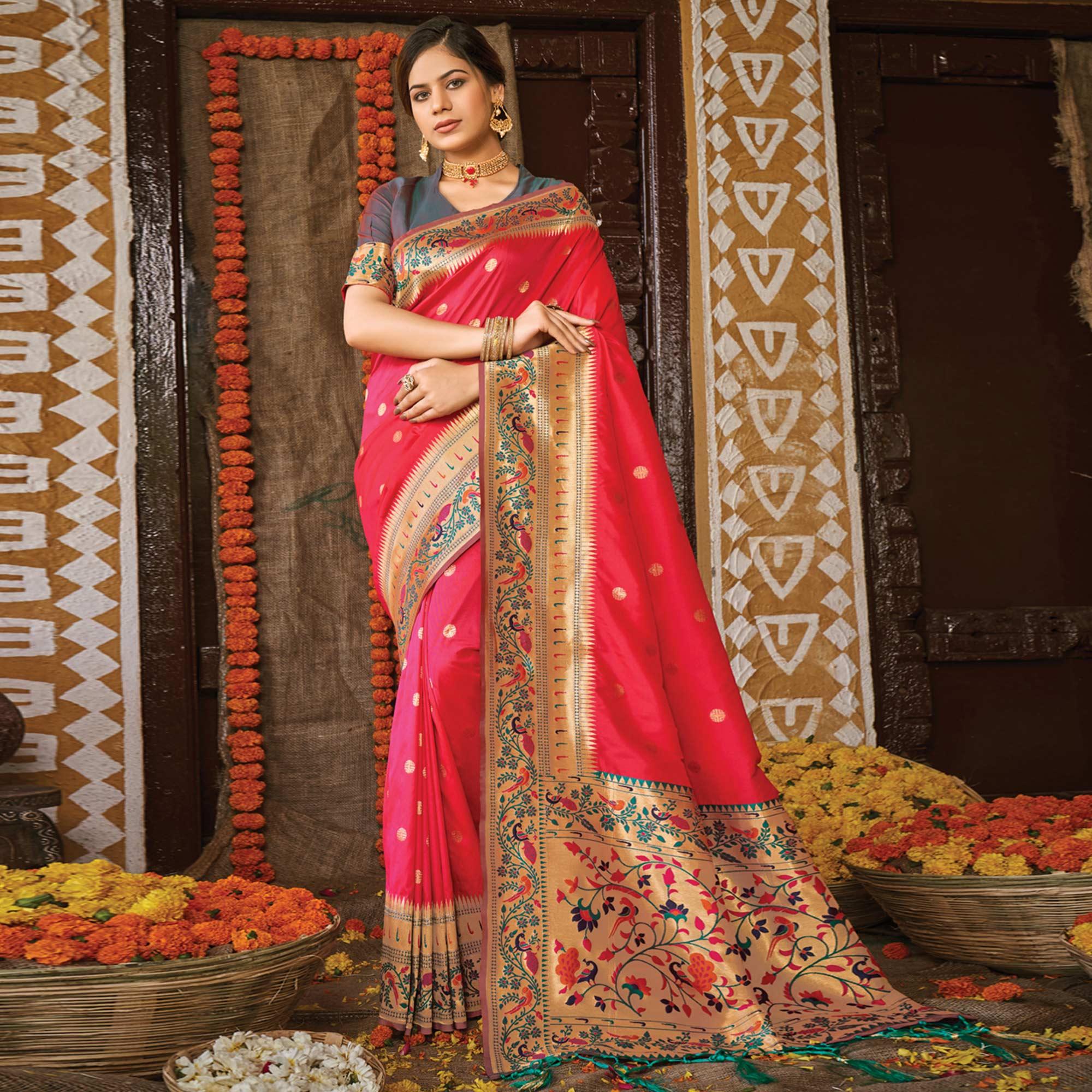 Pink Festive Wear Woven Banarasi Silk Paithani Saree With Tassels - Peachmode