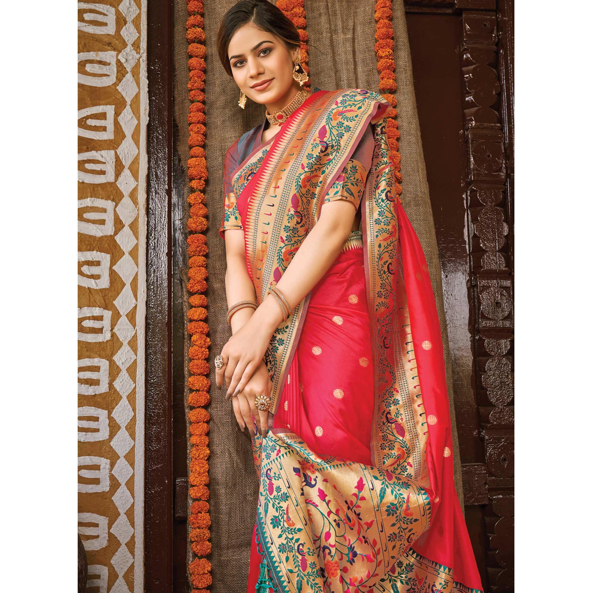 Pink Festive Wear Woven Banarasi Silk Paithani Saree With Tassels - Peachmode