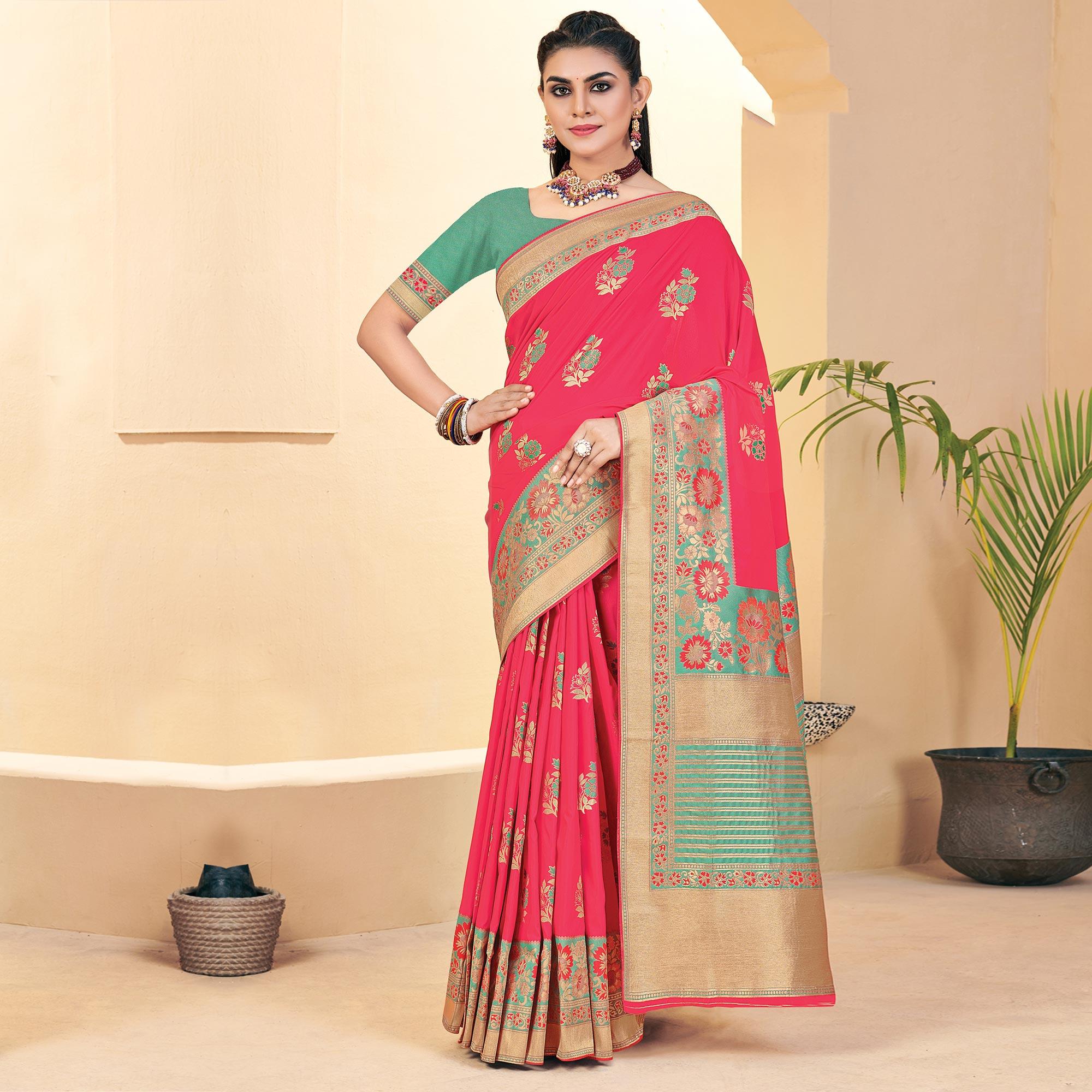 Pink Festive Wear Woven Banarasi Silk Saree - Peachmode