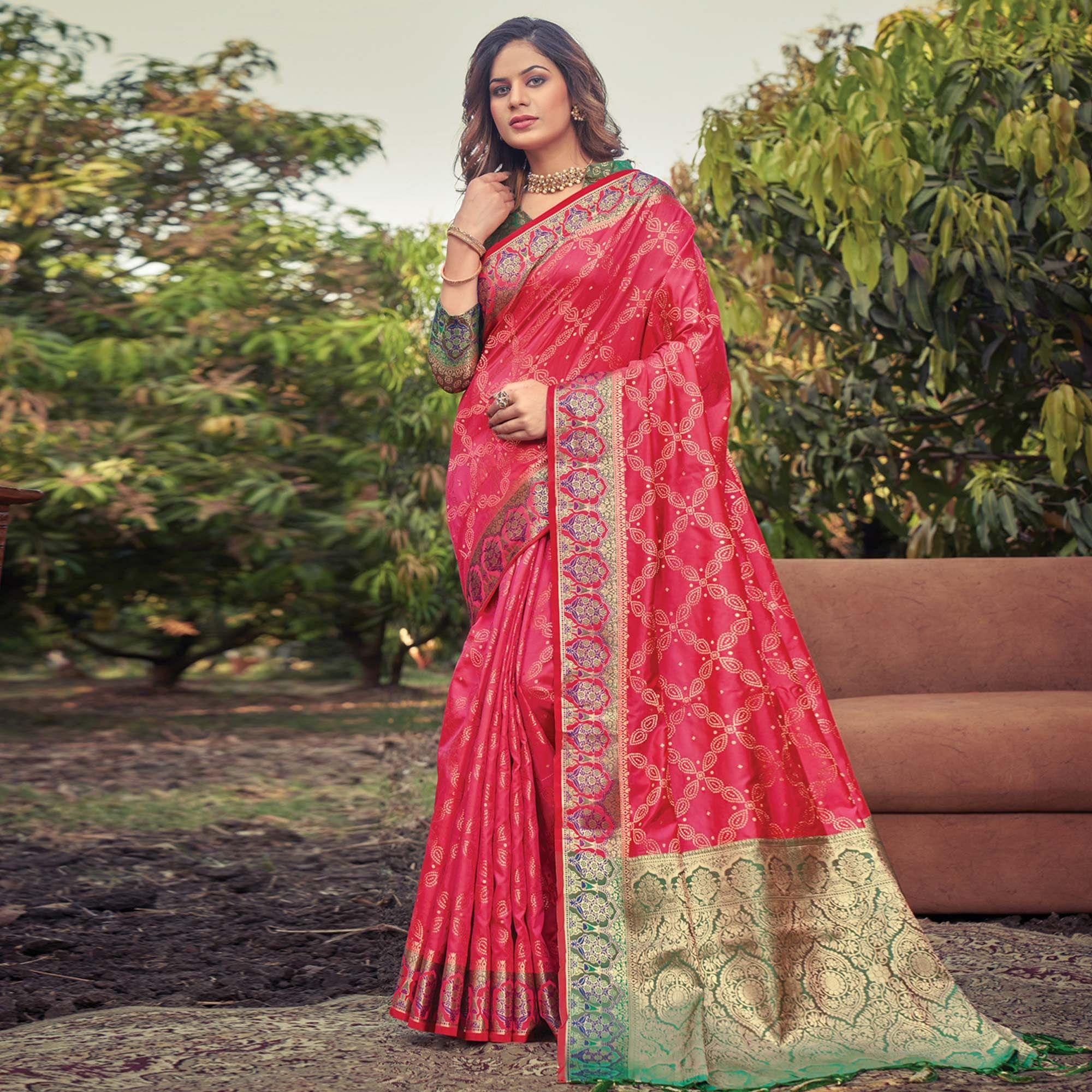 Pink Festive Wear Woven Banarasi Silk Saree - Peachmode