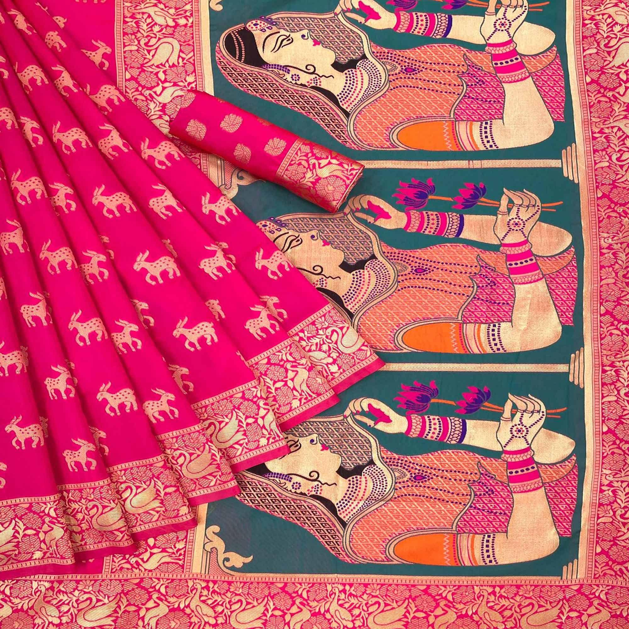 Pink Festive Wear Woven Banarasi Silk Saree - Peachmode