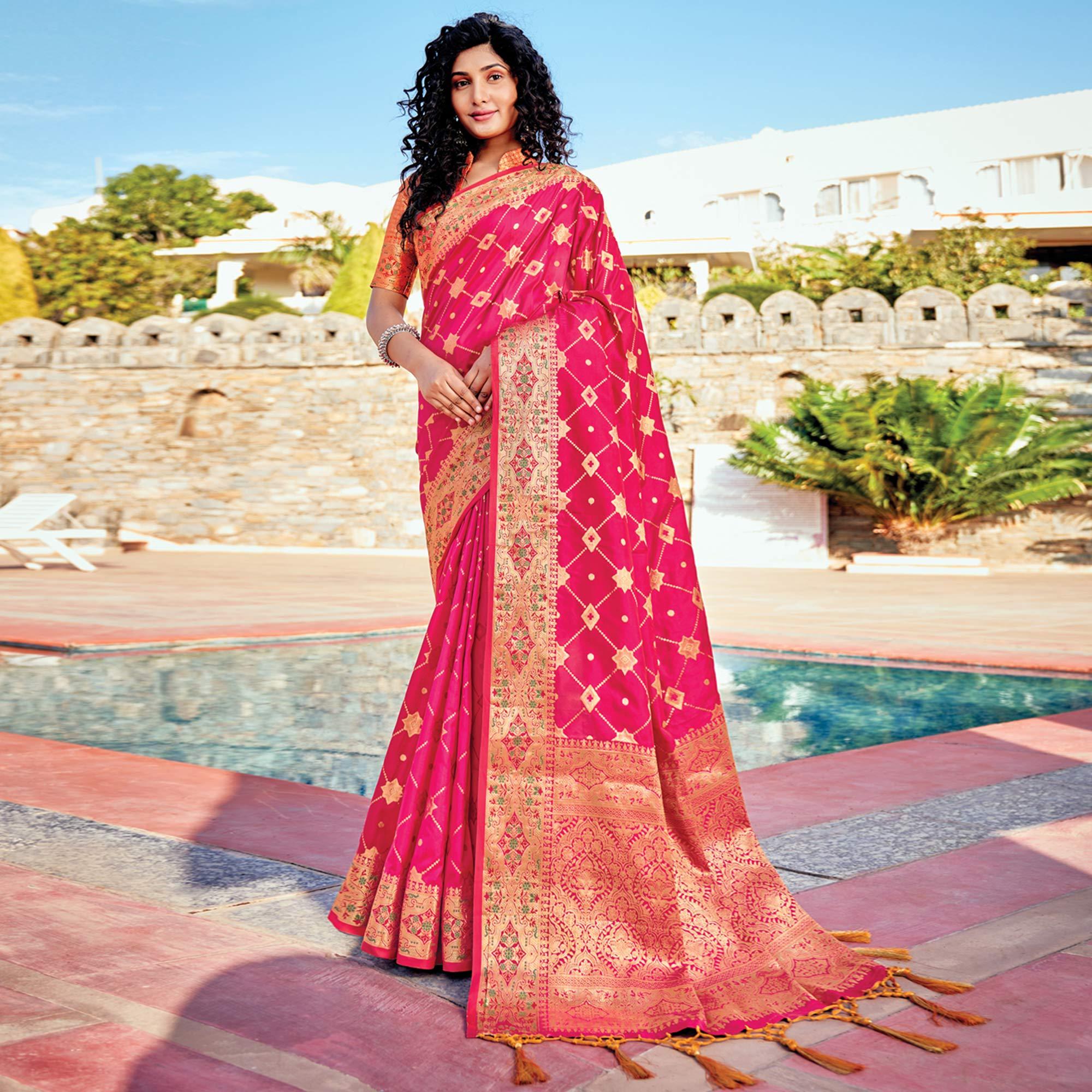 Pink Festive Wear Woven Banarasi Silk Saree - Peachmode