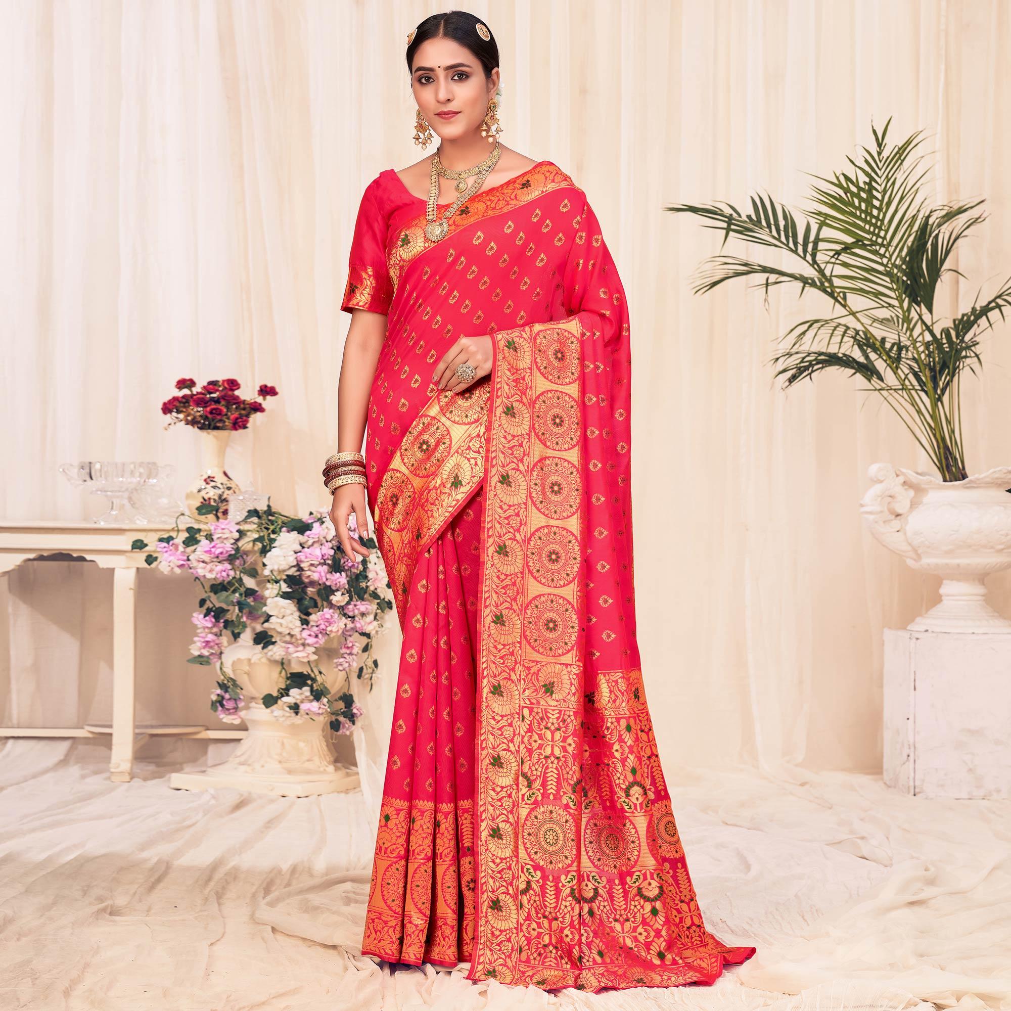 Pink Festive Wear Woven Banarasi Silk Saree - Peachmode