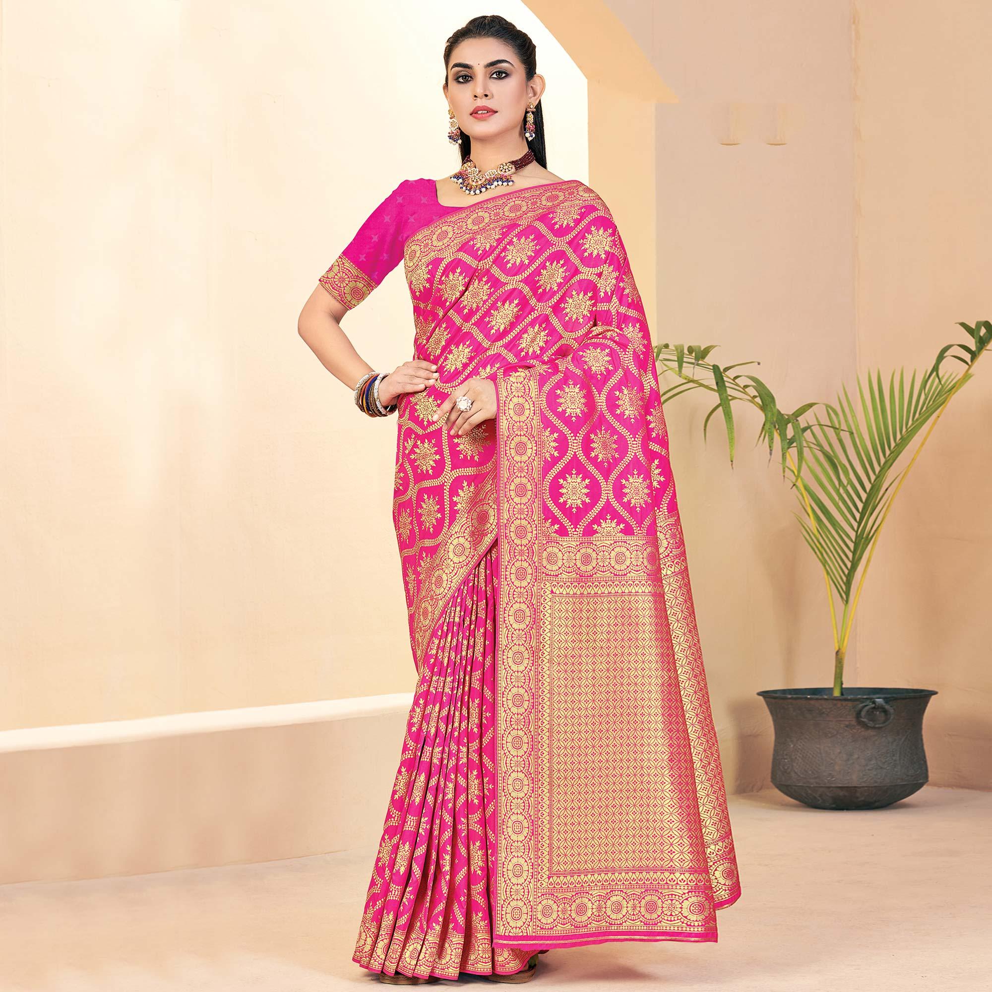 Pink Festive Wear Woven Banarasi Silk Saree - Peachmode