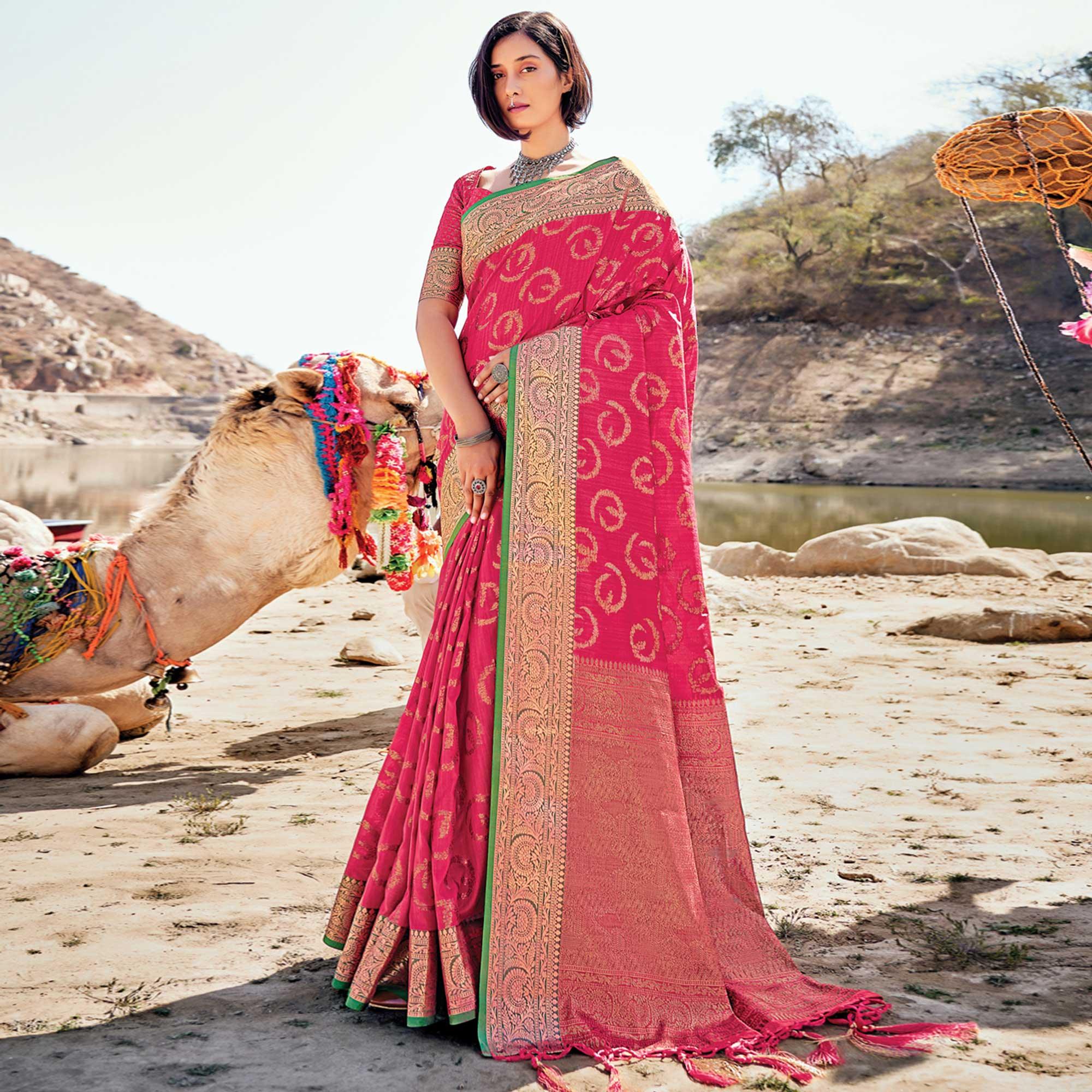Pink Festive Wear Woven Banarasi Silk Saree - Peachmode