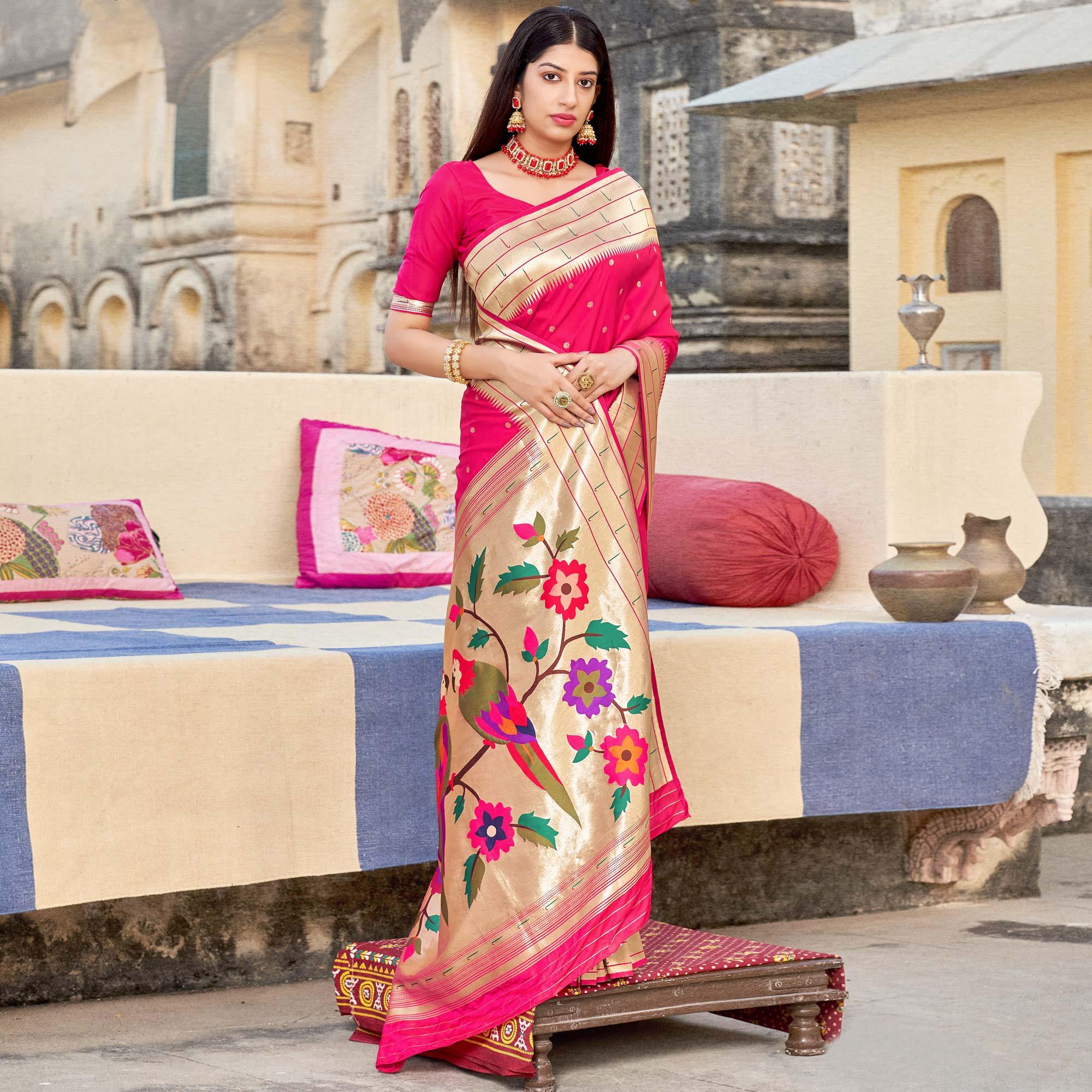 Pink Festive Wear Woven Banarasi Silk Saree - Peachmode