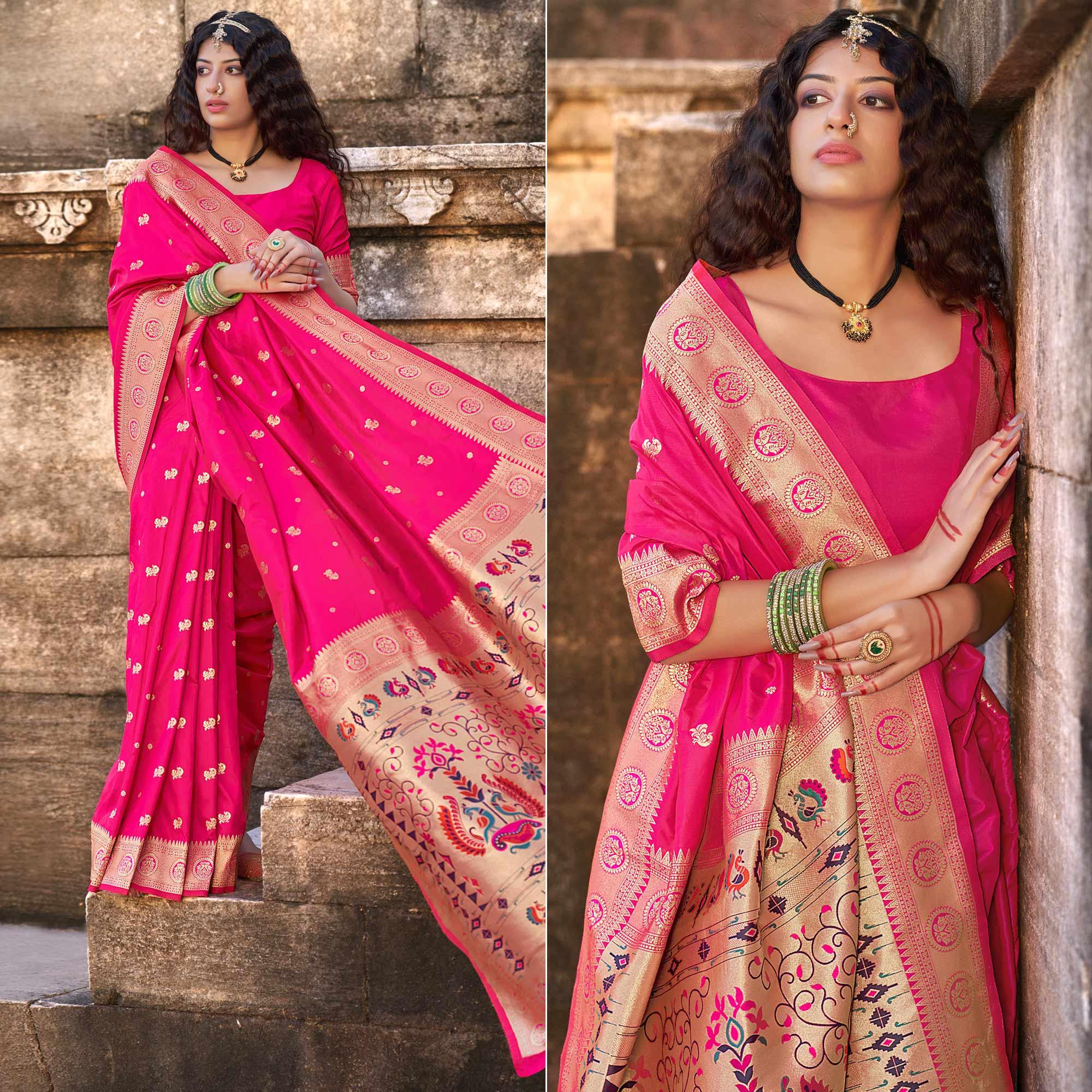 Pink Festive Wear Woven Banarasi Silk Saree - Peachmode