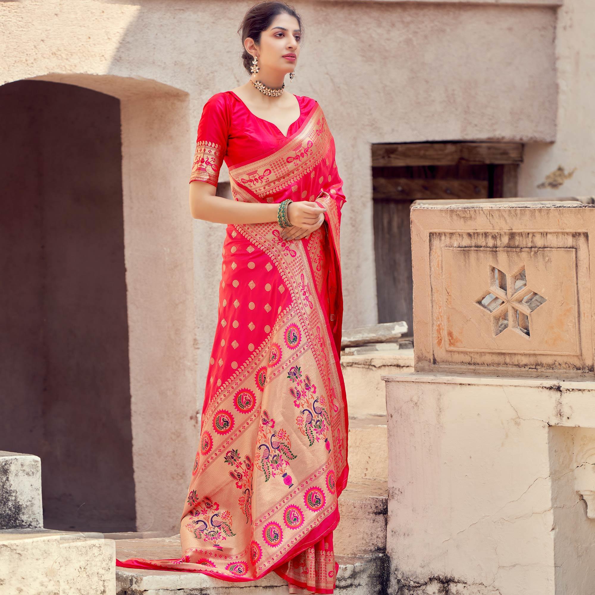 Pink Festive Wear Woven Banarasi Silk Saree - Peachmode