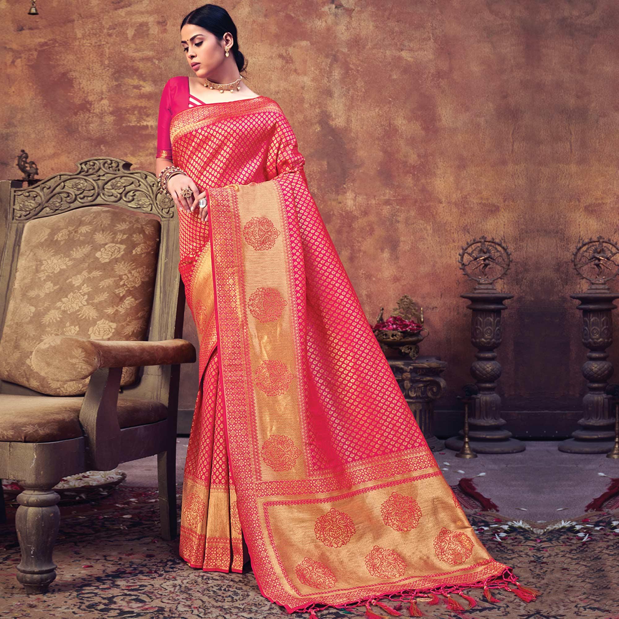 Pink Festive Wear Woven Banarasi Silk Saree - Peachmode