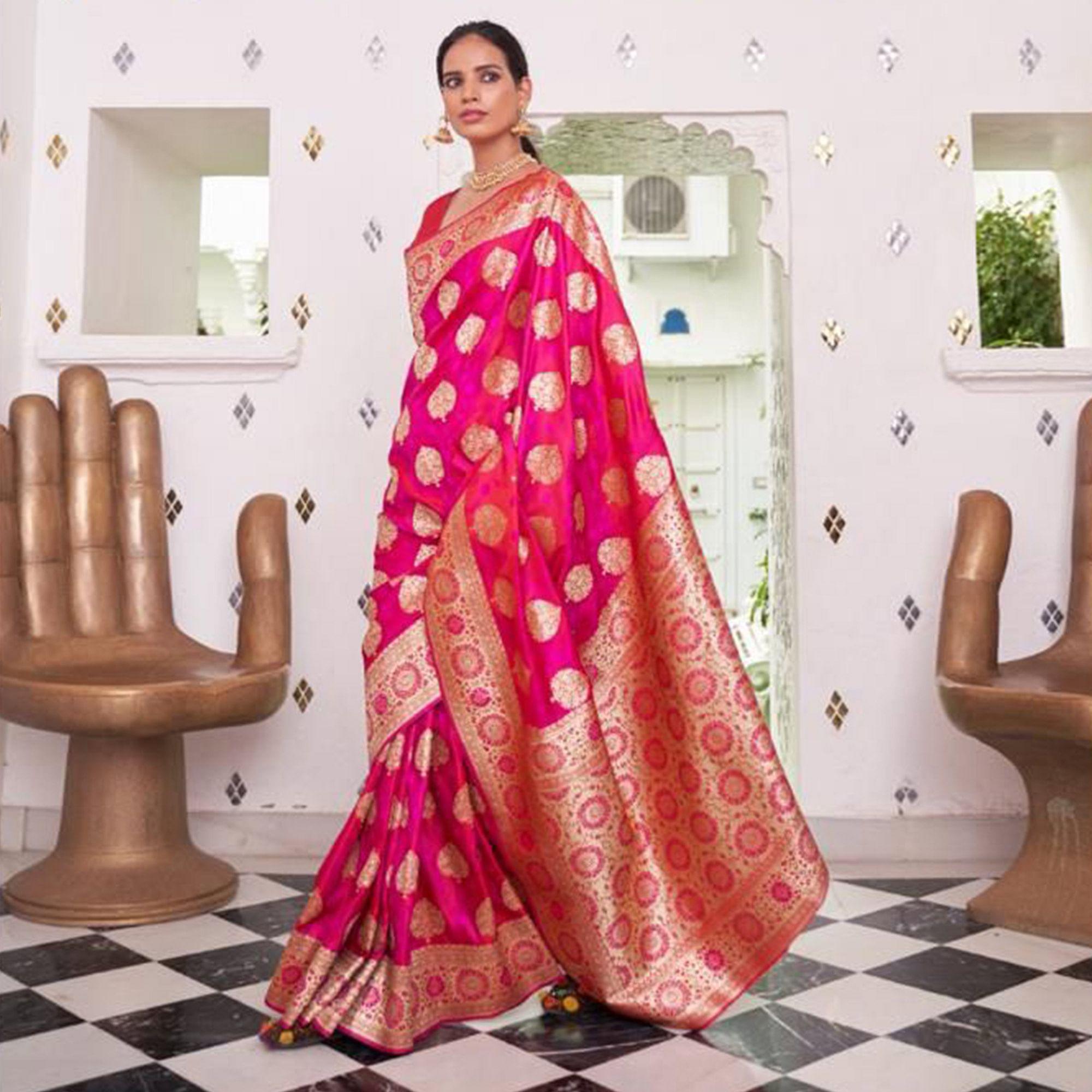 Pink Festive Wear Woven Banarasi Silk Saree - Peachmode