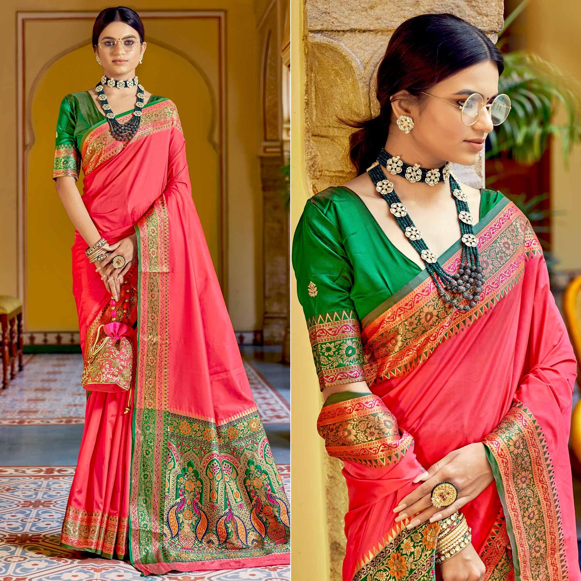 Pink Festive Wear Woven Banarasi Silk Saree - Peachmode