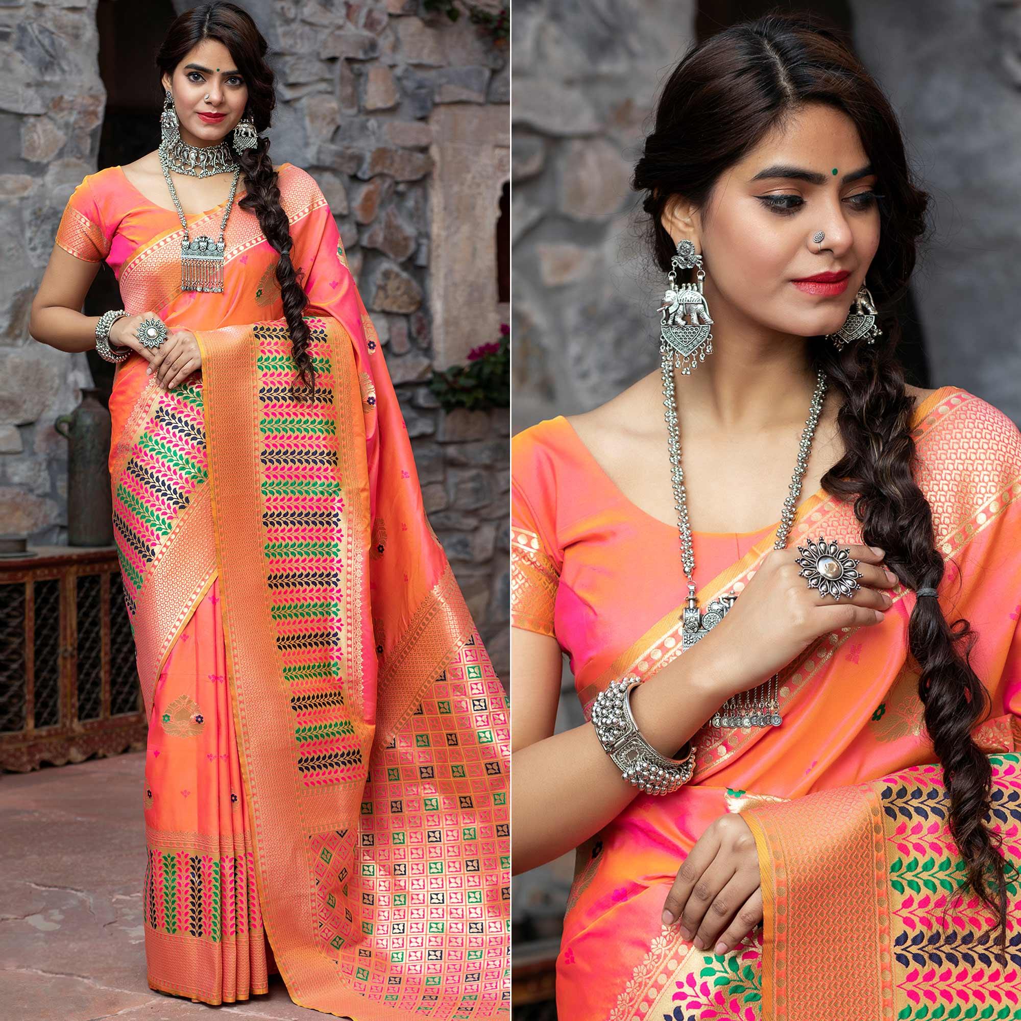 Pink Festive Wear Woven Banarasi Silk Saree - Peachmode