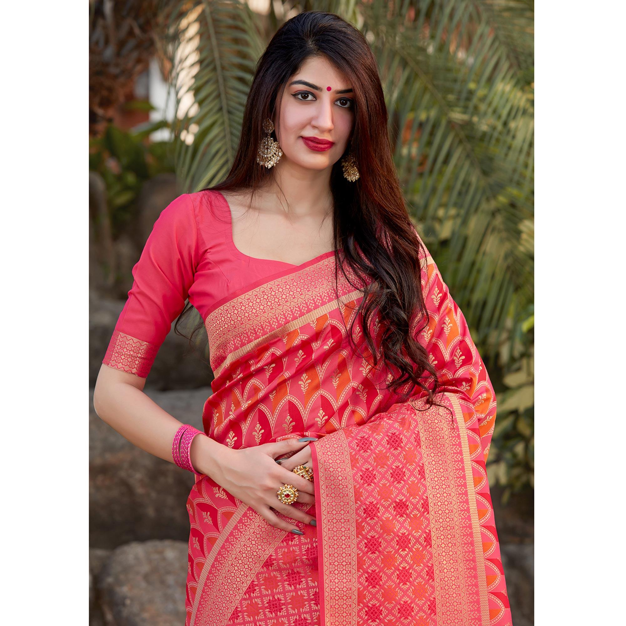 Pink Festive Wear Woven Banarasi Silk Saree - Peachmode