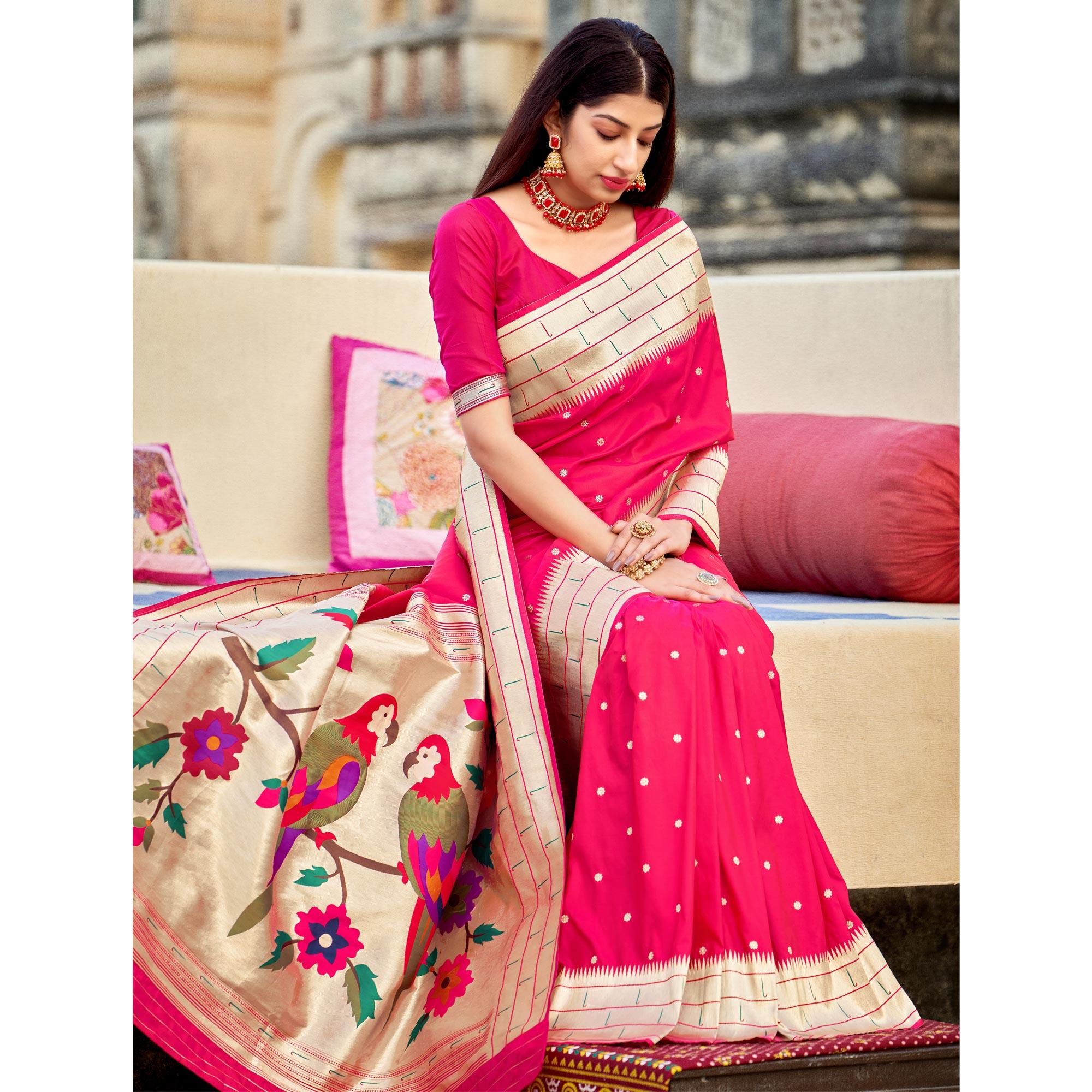 Pink Festive Wear Woven Banarasi Silk Saree - Peachmode