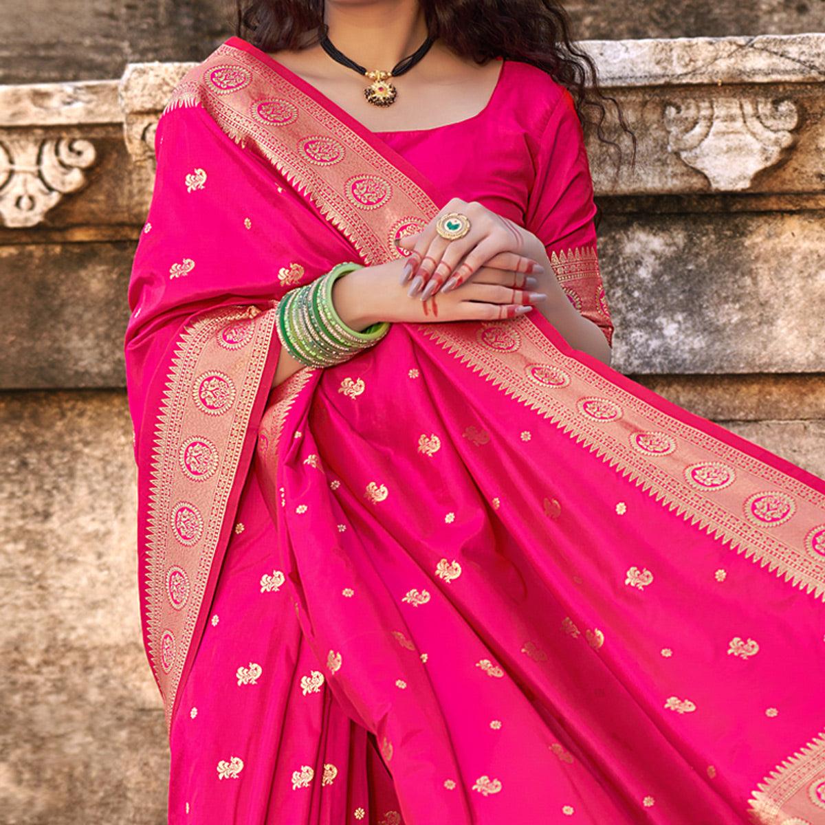 Pink Festive Wear Woven Banarasi Silk Saree - Peachmode