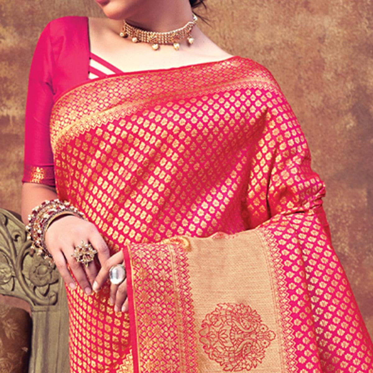 Pink Festive Wear Woven Banarasi Silk Saree - Peachmode