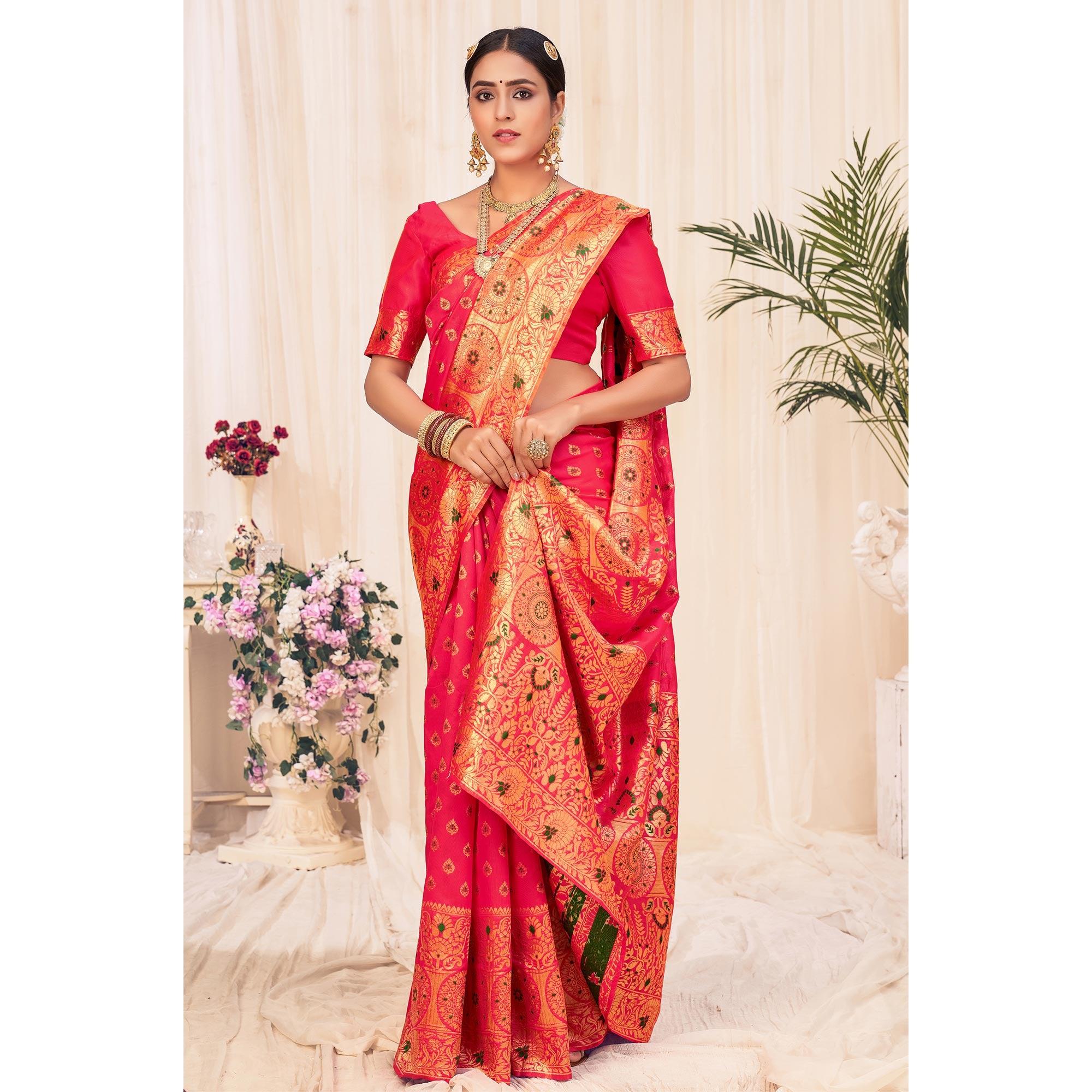 Pink Festive Wear Woven Banarasi Silk Saree - Peachmode