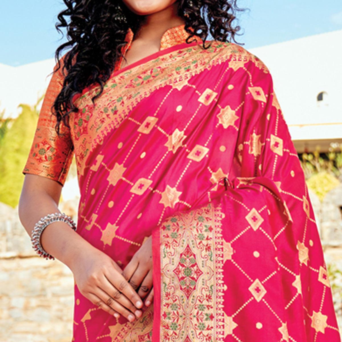 Pink Festive Wear Woven Banarasi Silk Saree - Peachmode