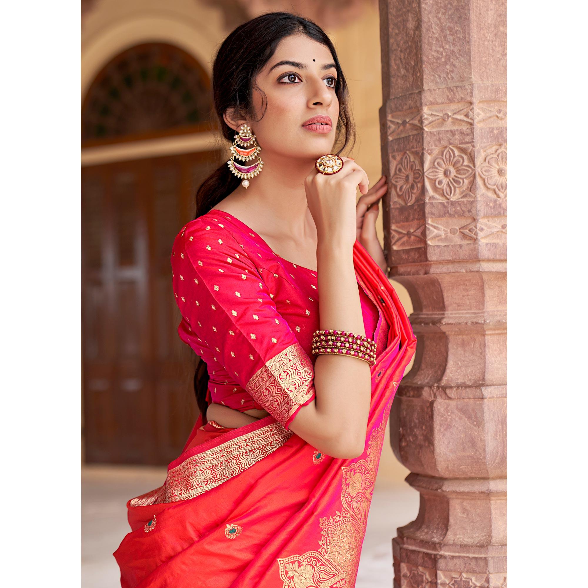 Pink Festive Wear Woven Banarasi Silk Saree - Peachmode